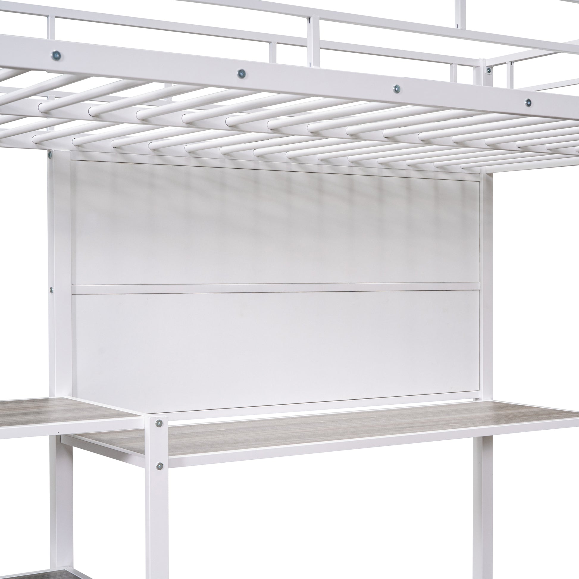 White metal loft bed frame with integrated desk surface