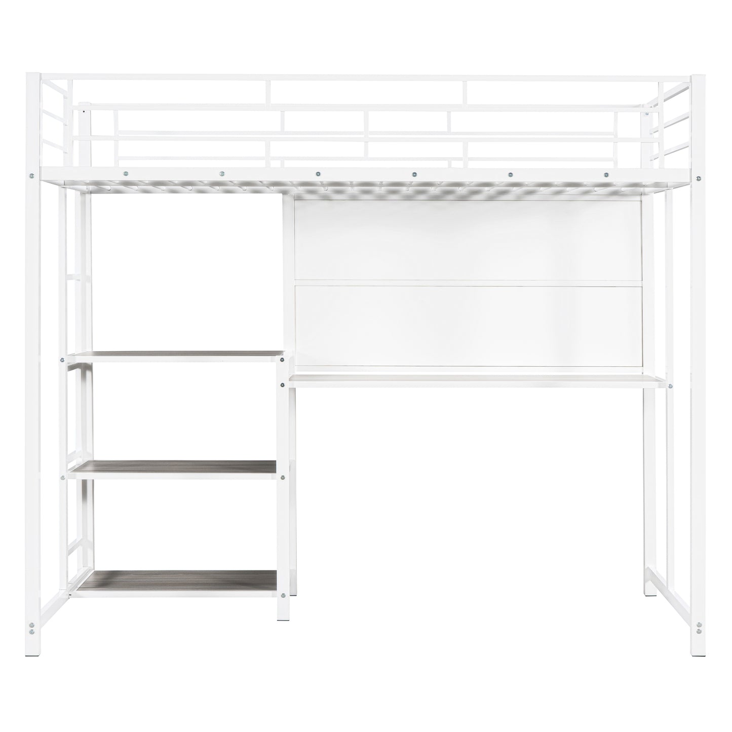 White metal loft bed with integrated desk and shelves