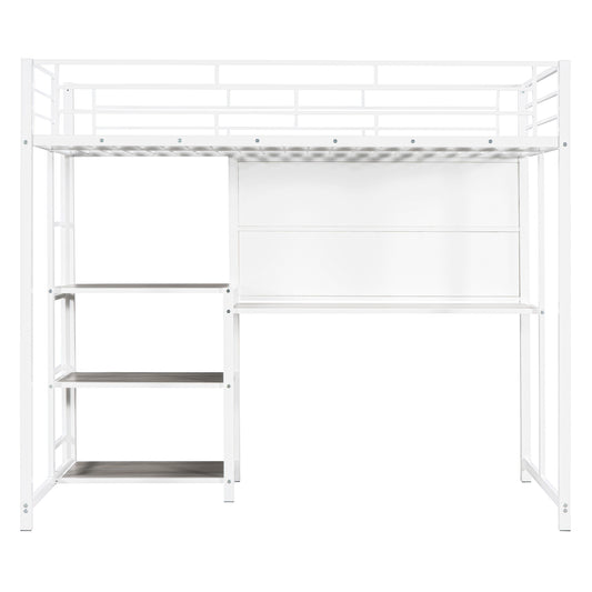 White metal loft bed with integrated desk and shelves