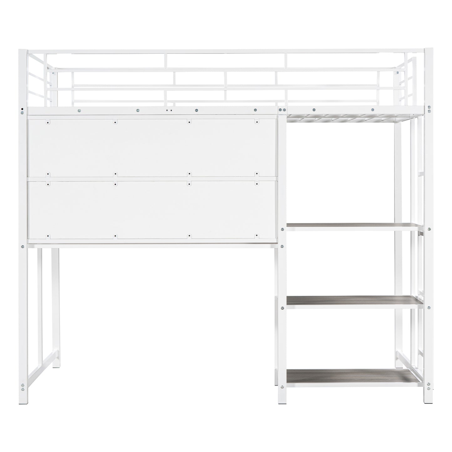 White metal loft bed with desk and shelves