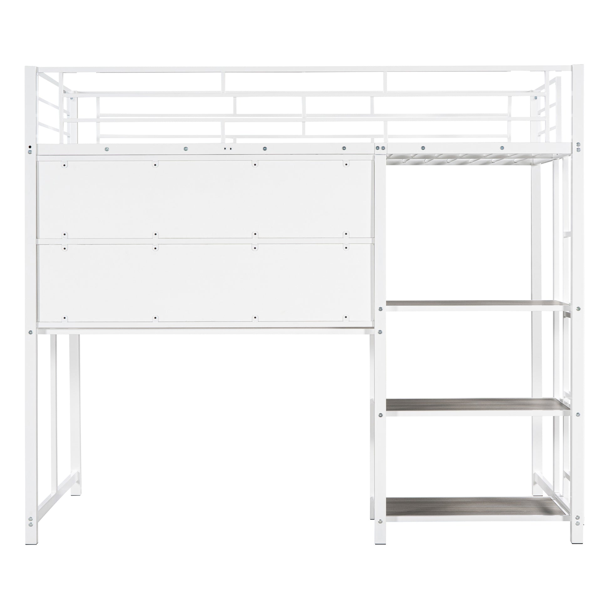 White metal loft bed with desk and shelves