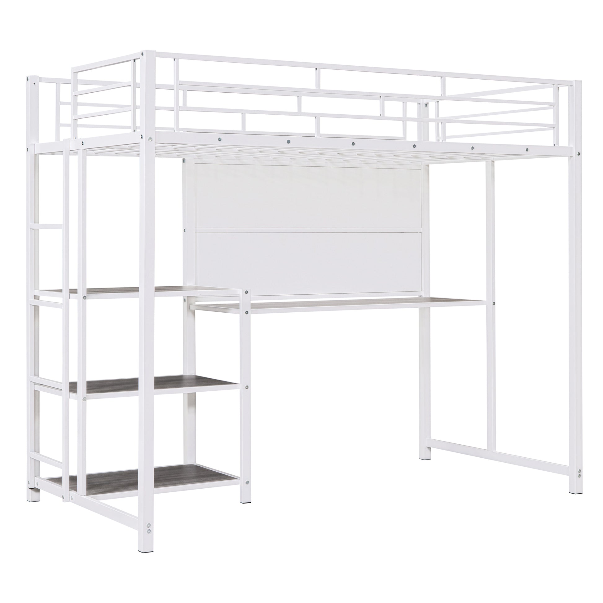White metal loft bed with desk and shelves for small spaces