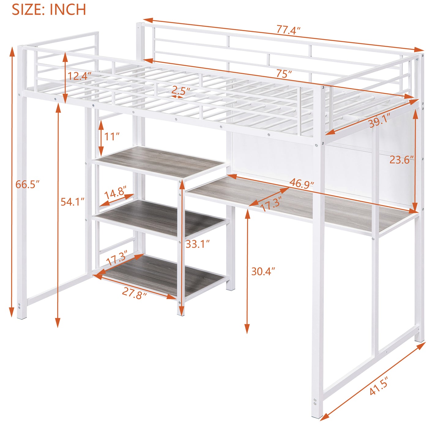 White metal loft bed with integrated desk and shelves