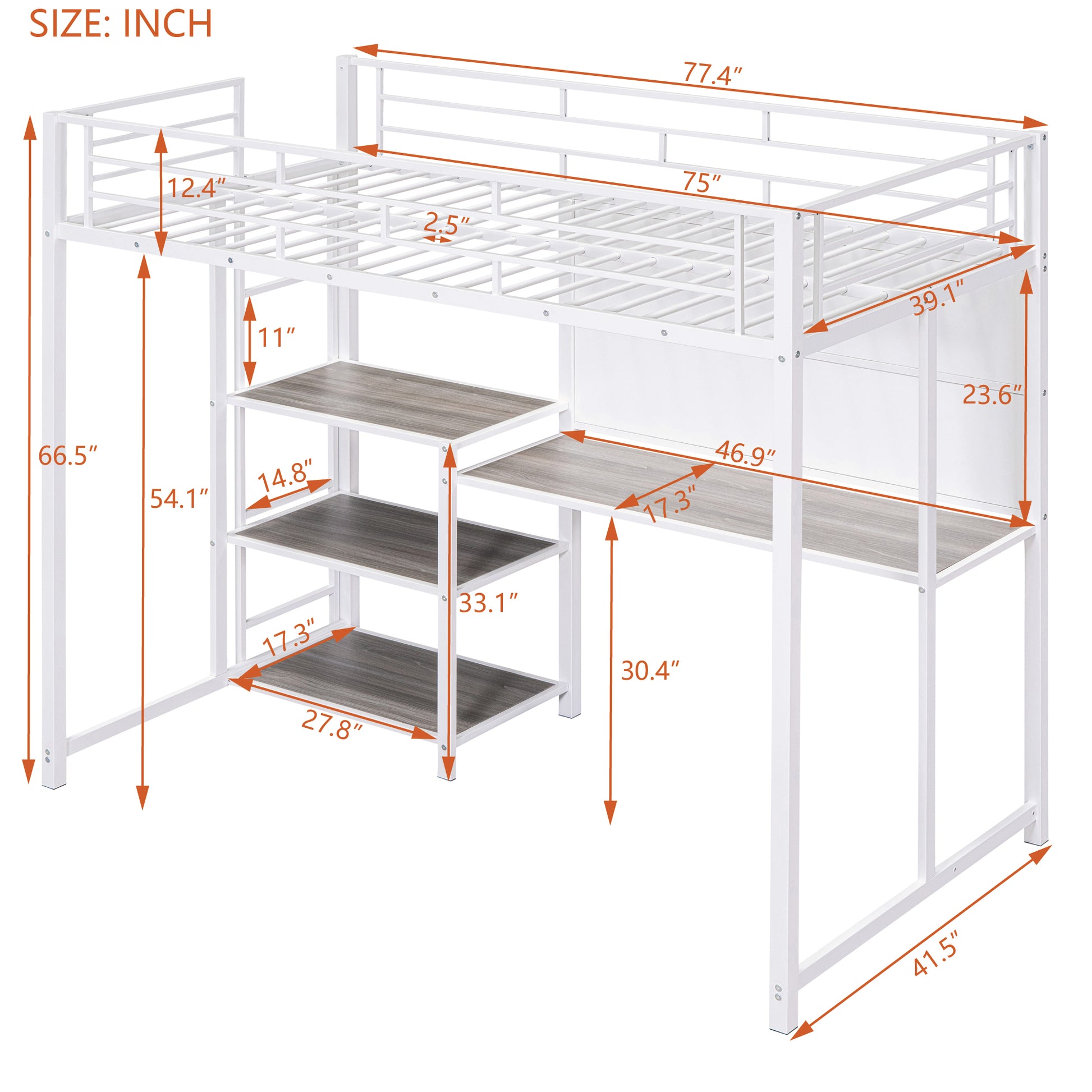 White metal loft bed with integrated desk and shelves