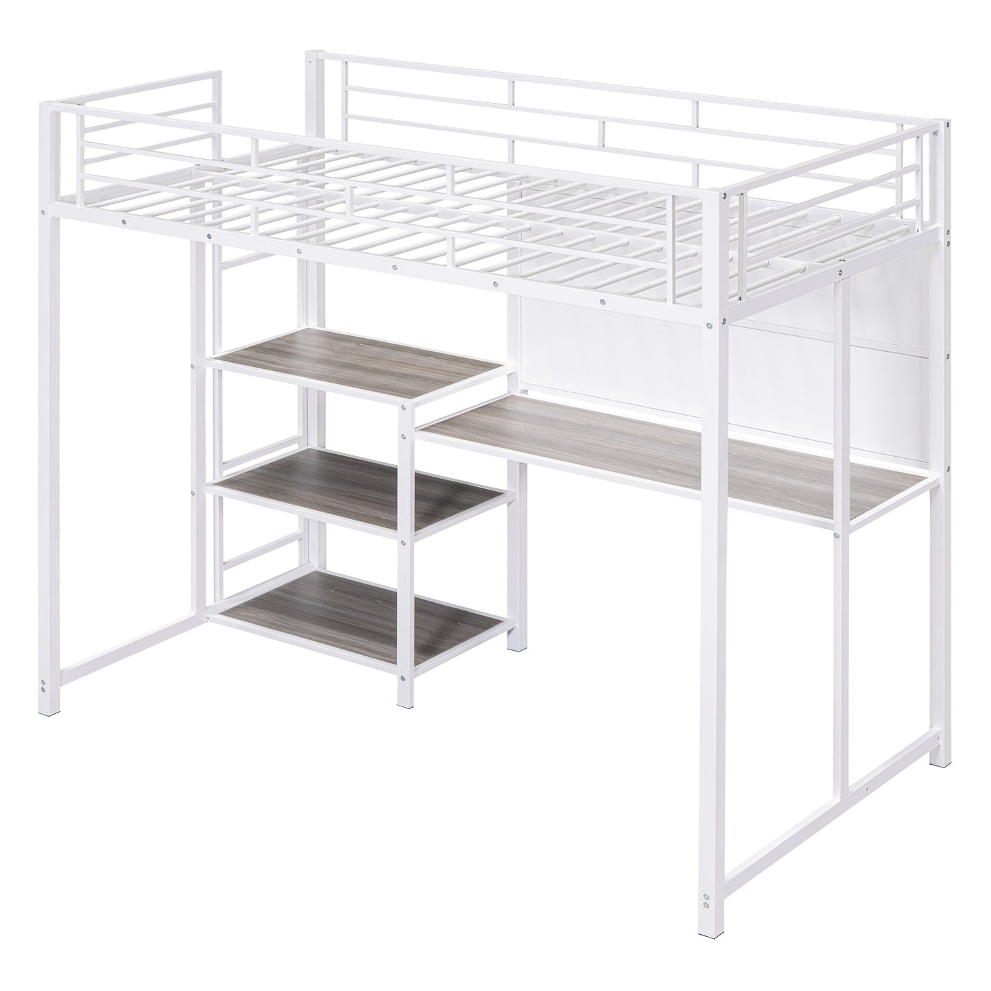 White metal loft bed with desk and shelves
