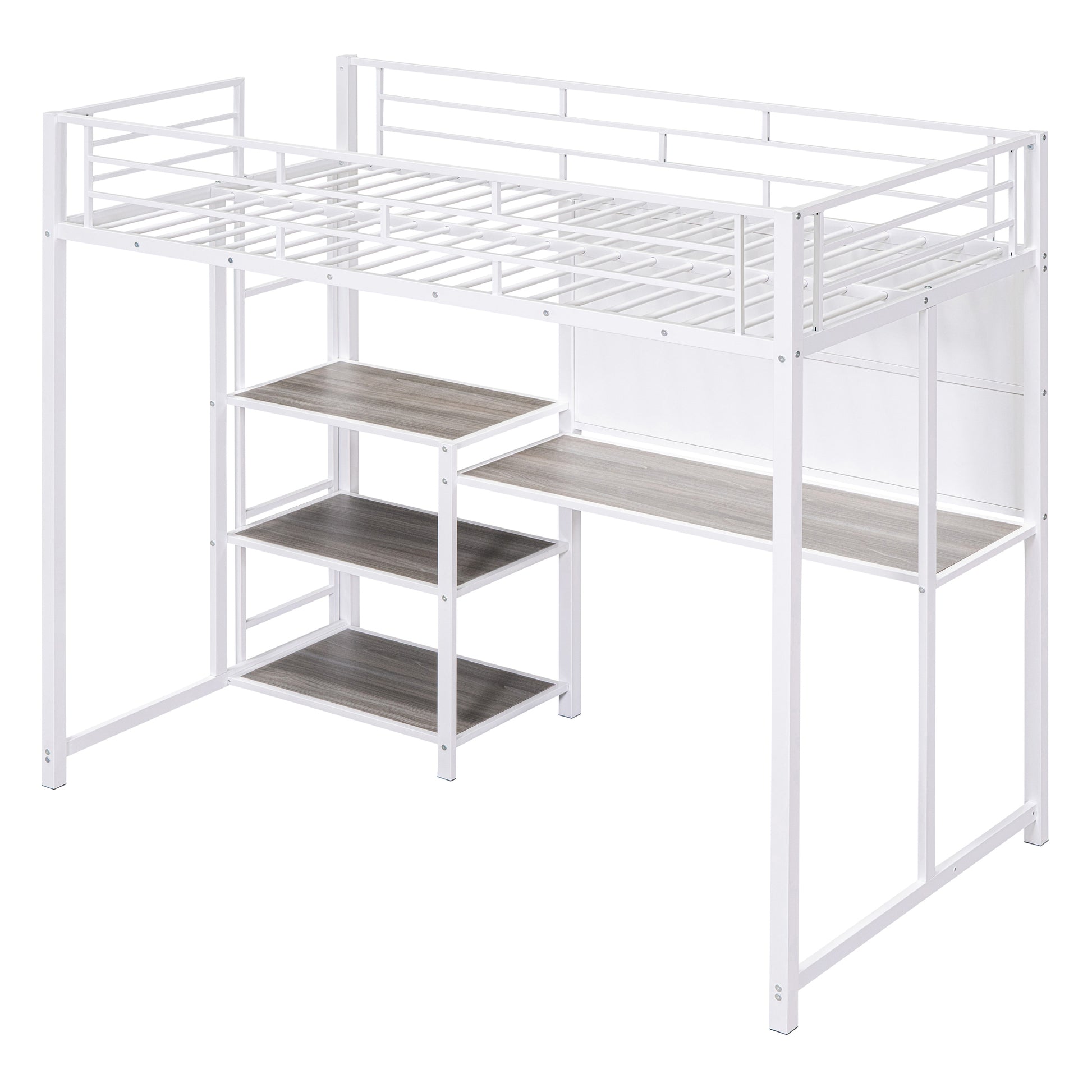 White metal loft bed with desk and shelves