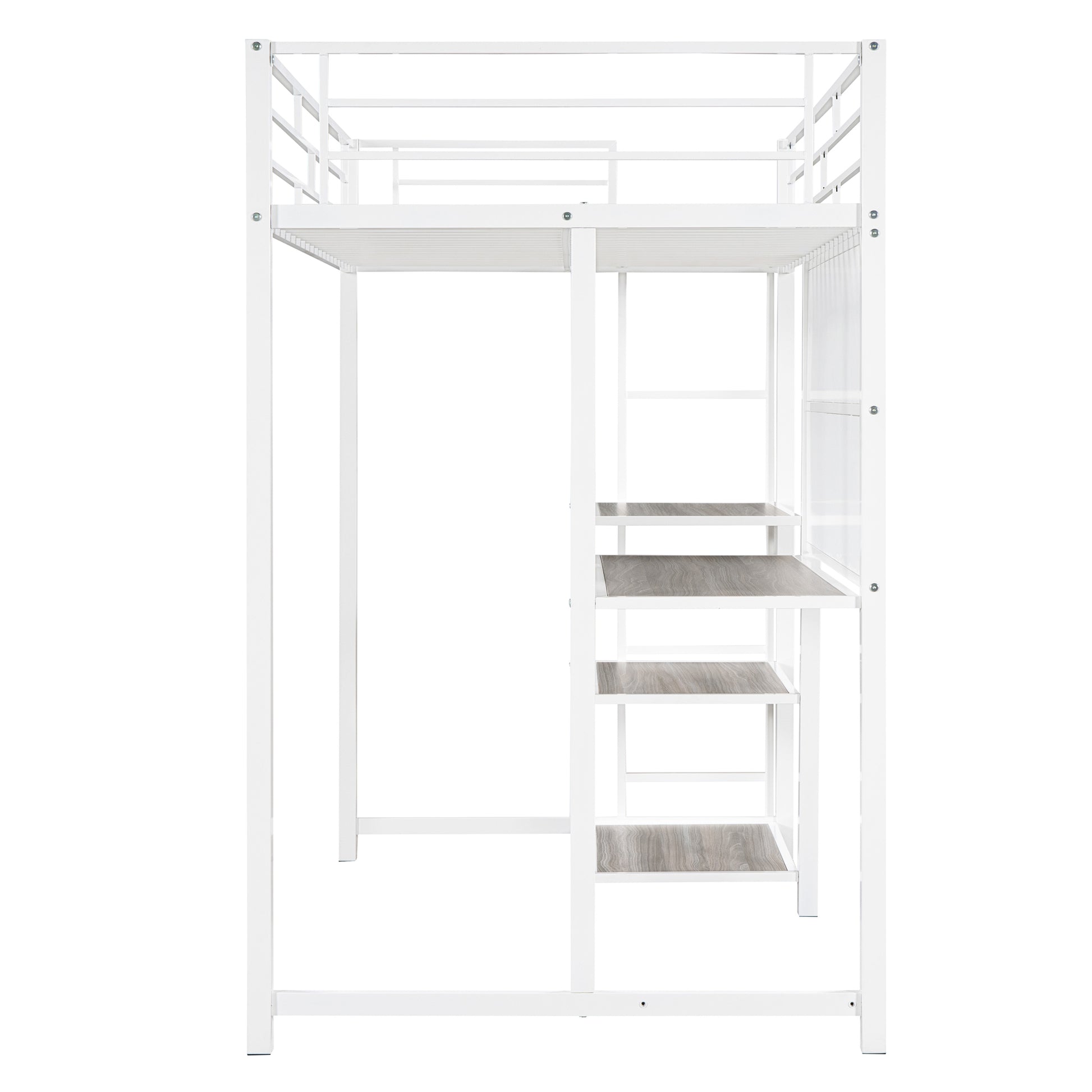 White metal twin loft bed with integrated desk and shelves
