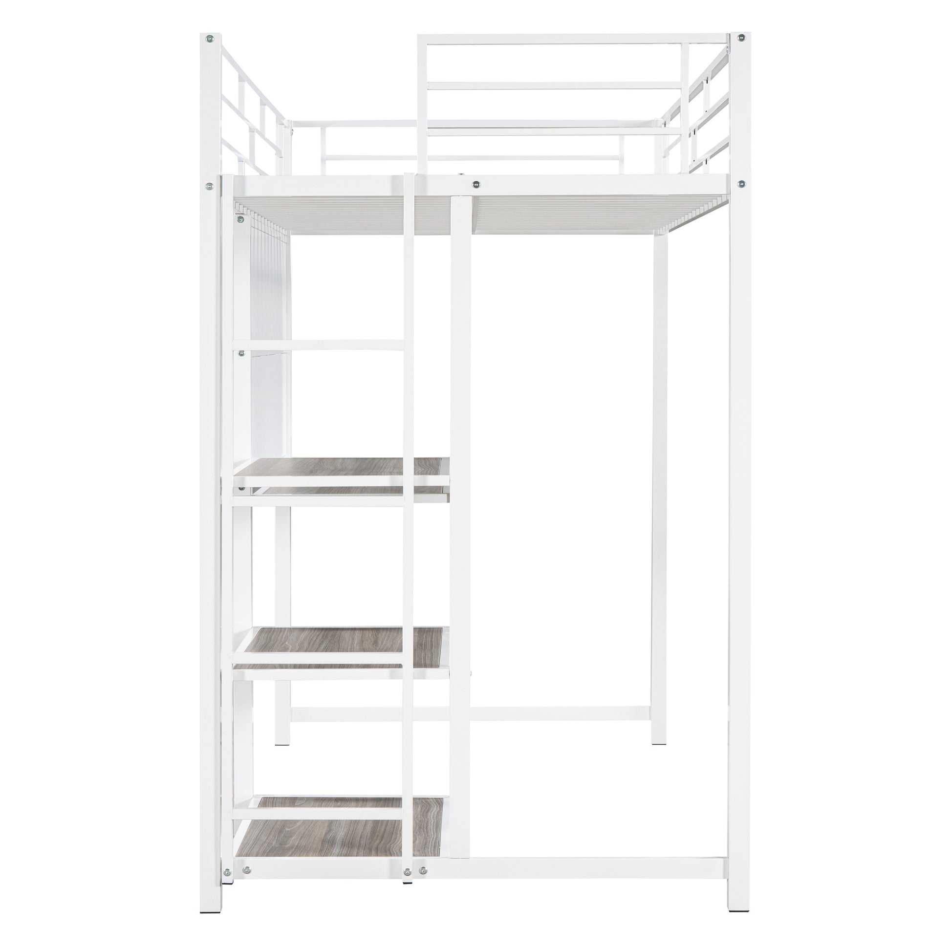 White metal loft bed with integrated ladder and shelves for kids room