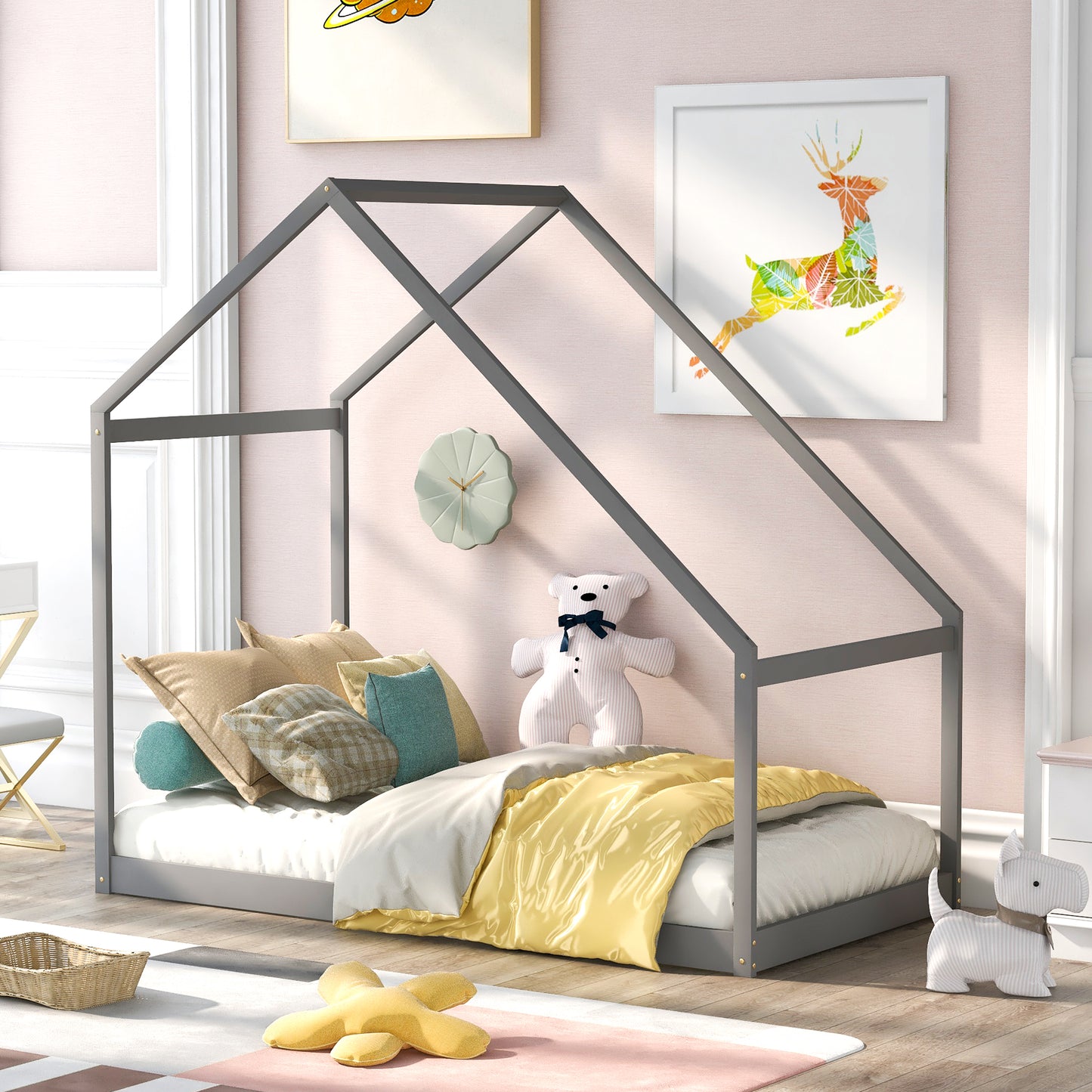 Gray wooden house bed frame with colorful pillows and yellow duvet