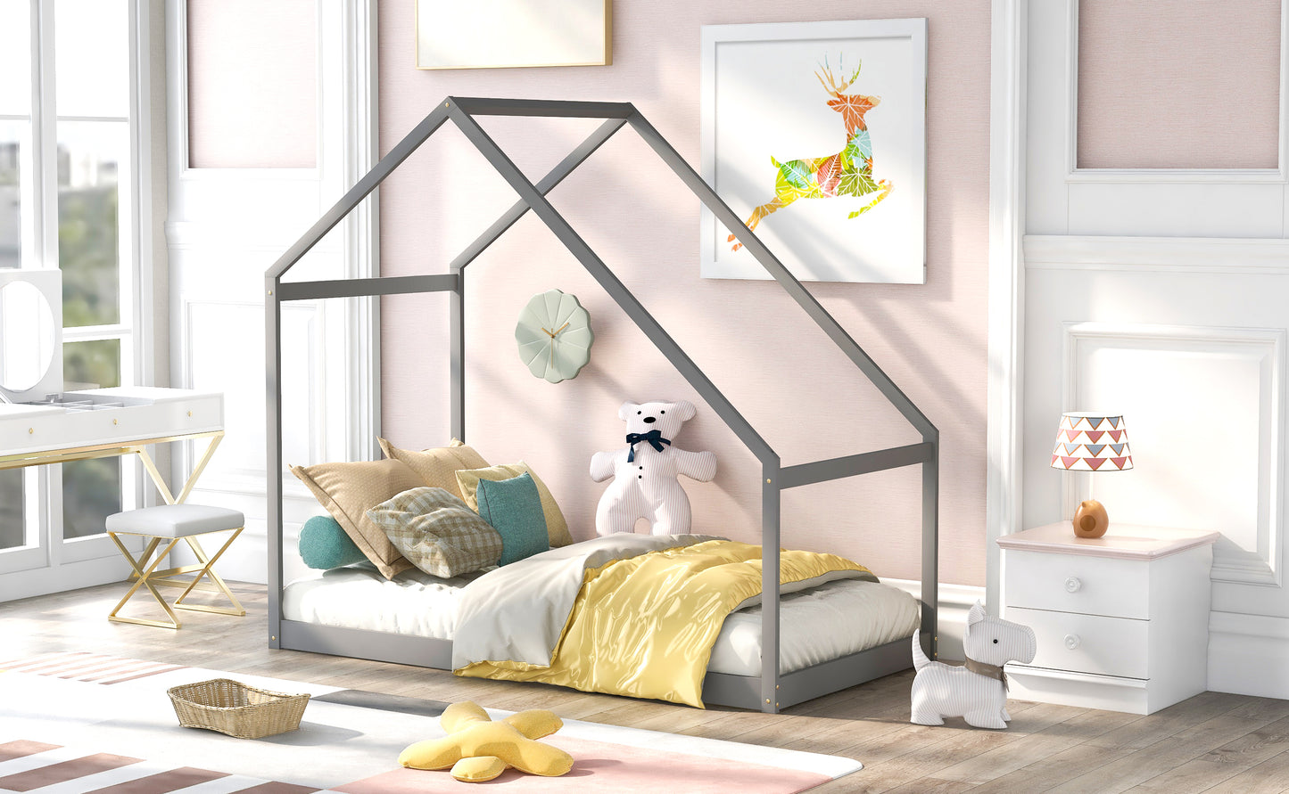 Gray modern house bed frame with yellow bedding and assorted pillows