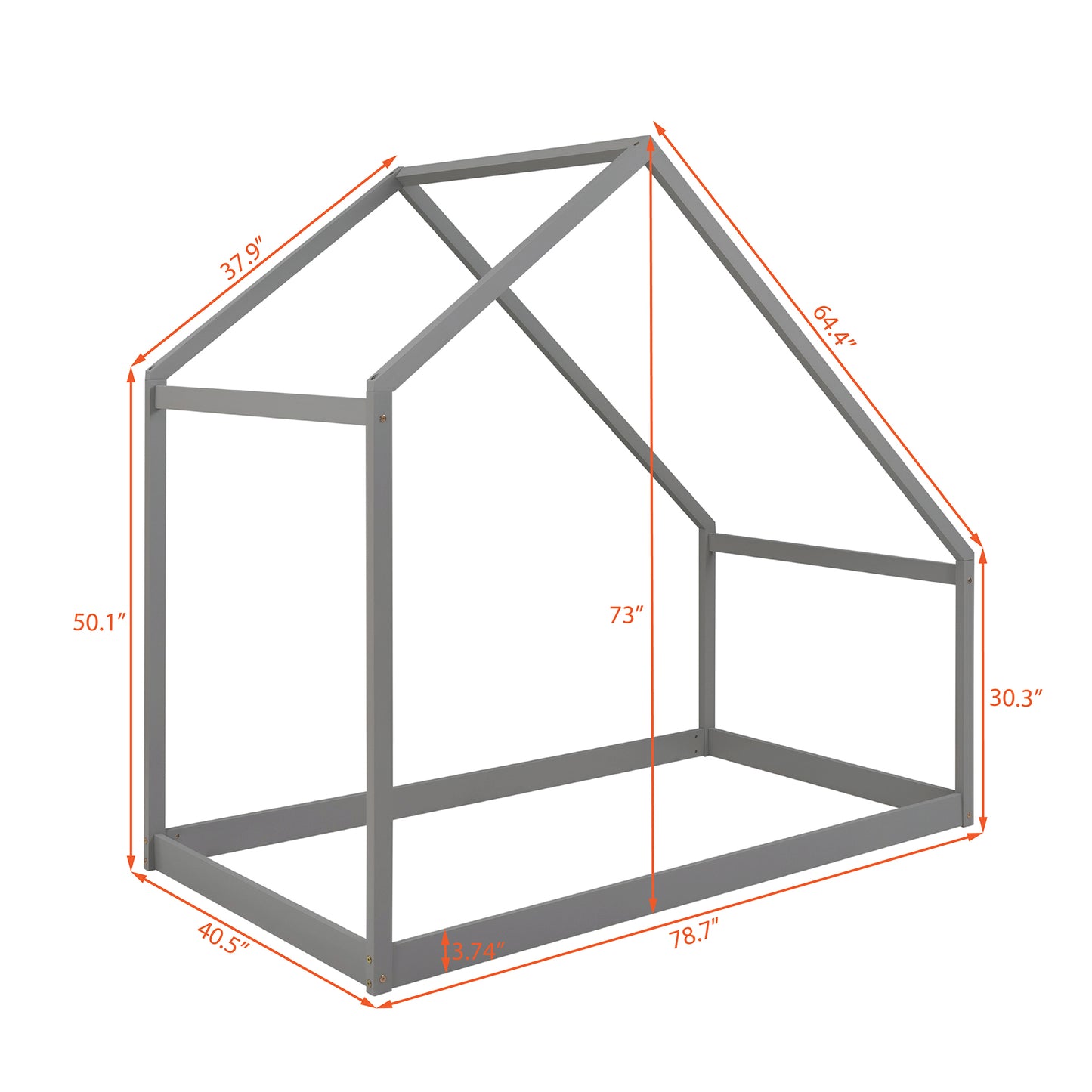 Gray wooden house bed frame with dimensions labeled
