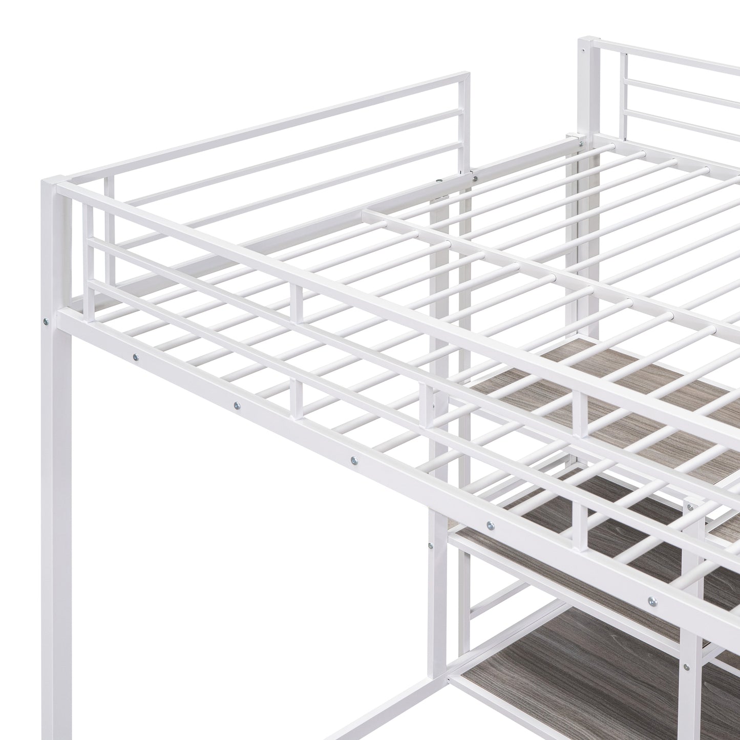White metal loft bed frame with integrated desk