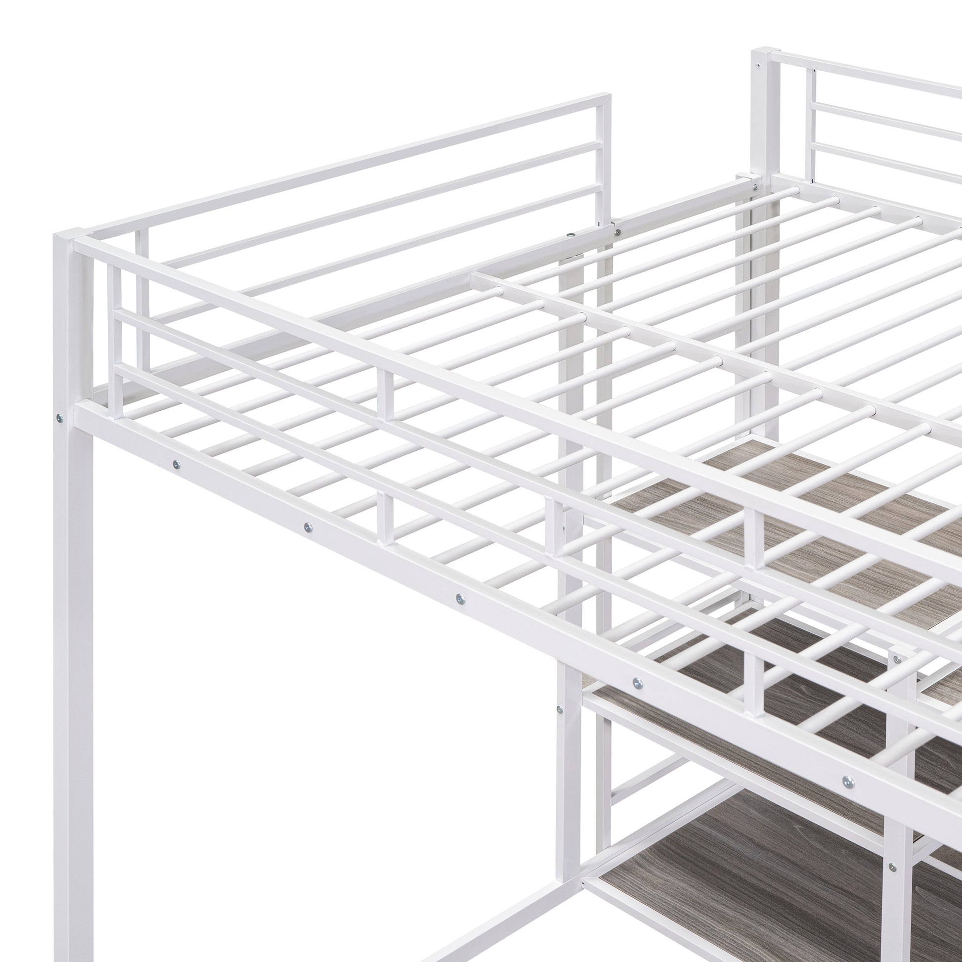 White metal loft bed frame with integrated desk