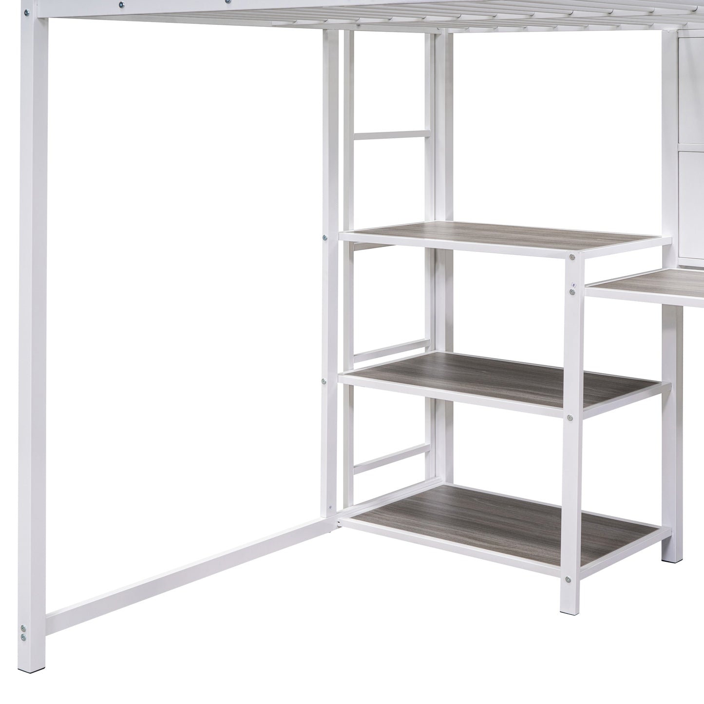 White metal loft bed frame with grey wood shelves