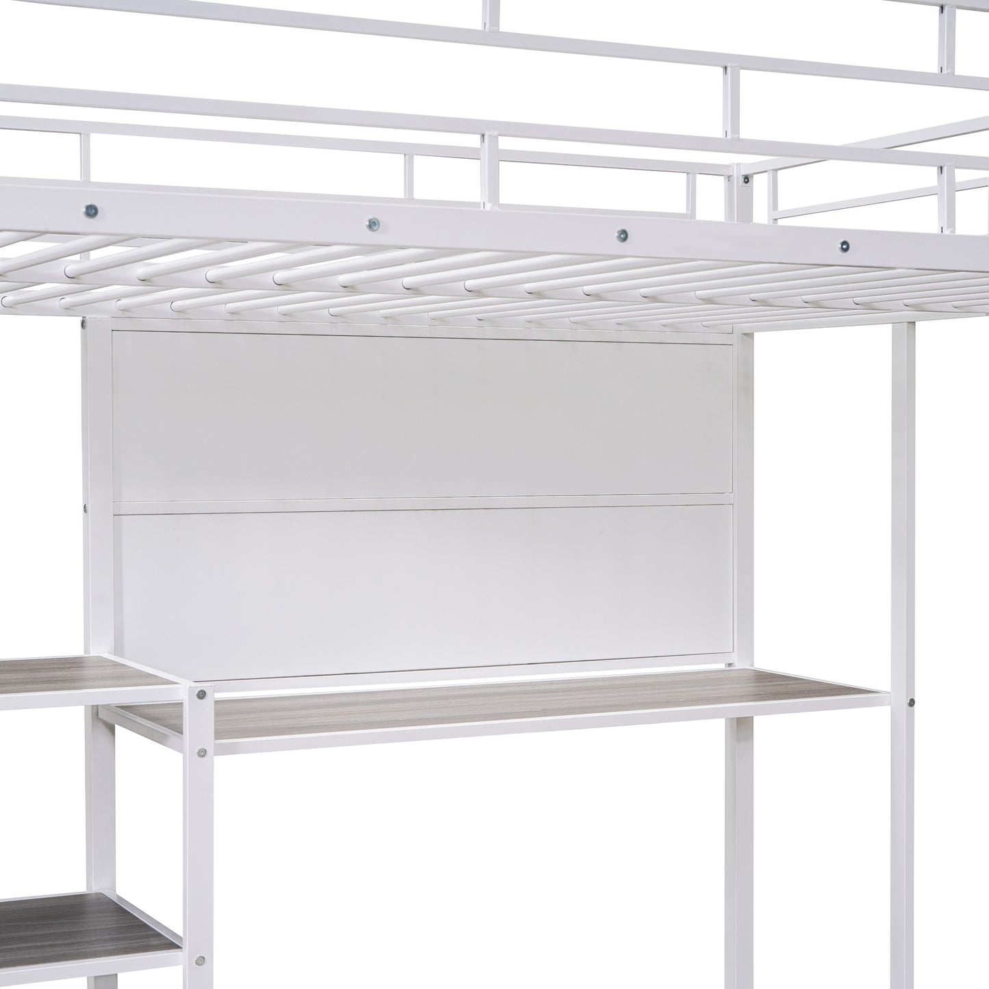 White metal loft bed frame with integrated desk and shelving
