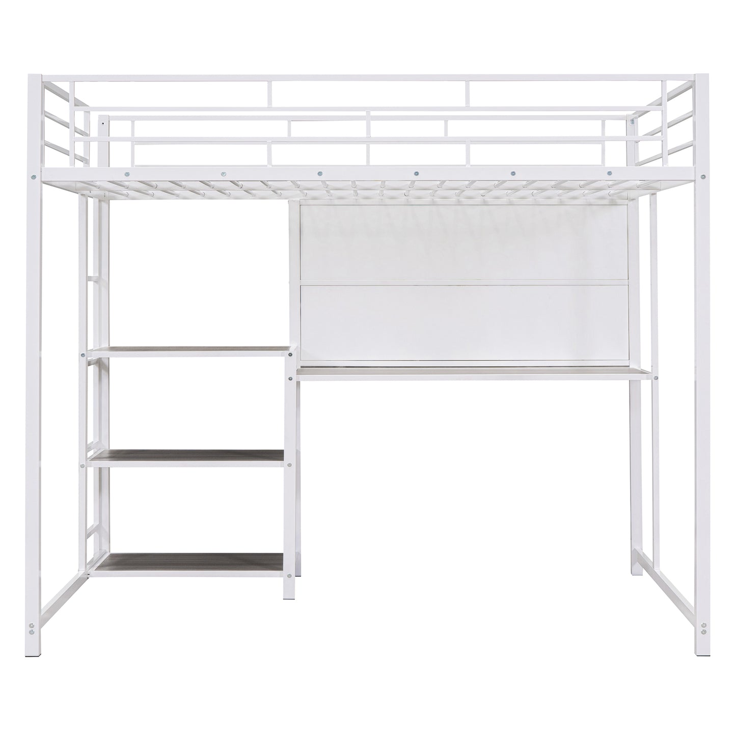 White metal loft bed with integrated desk and shelves