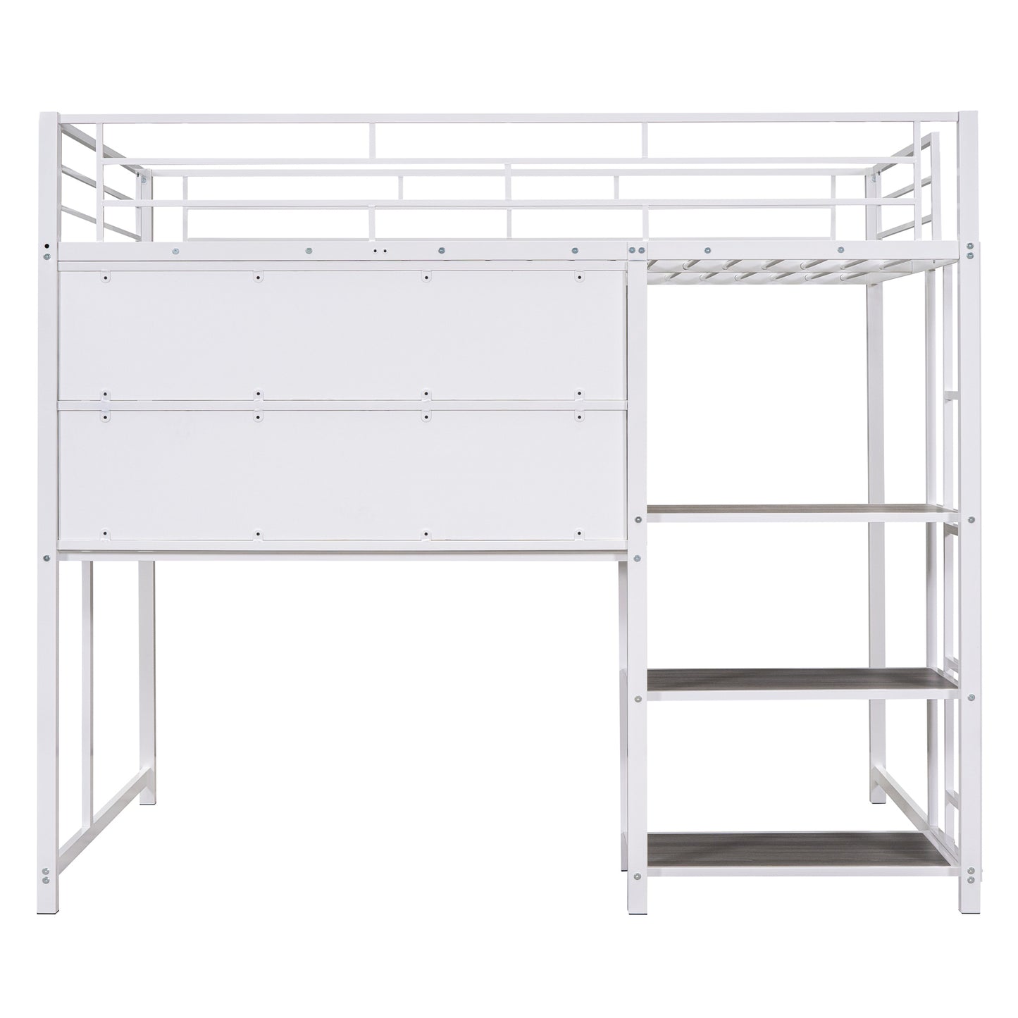 White metal loft bed with attached desk and three shelves
