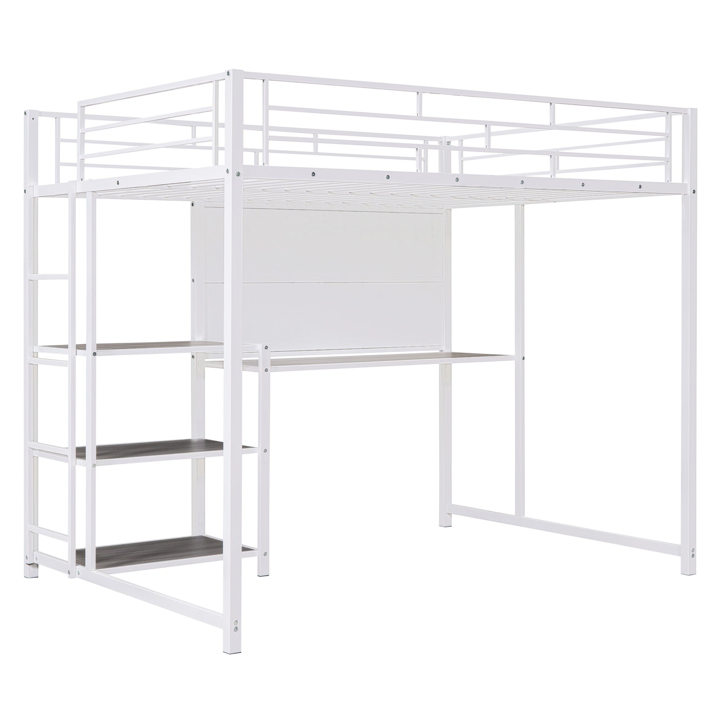 White metal loft bed with desk and shelves