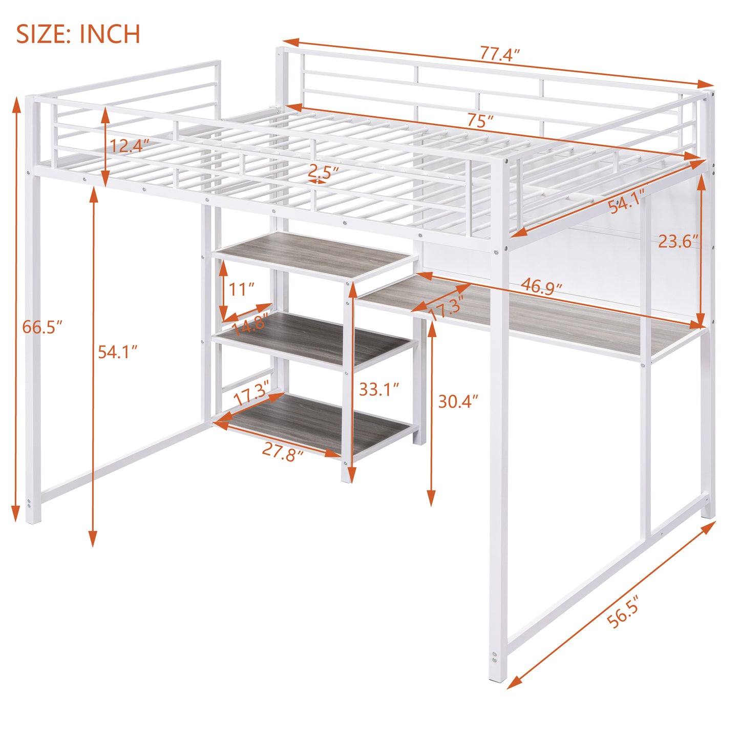 White metal loft bed with integrated desk and shelves