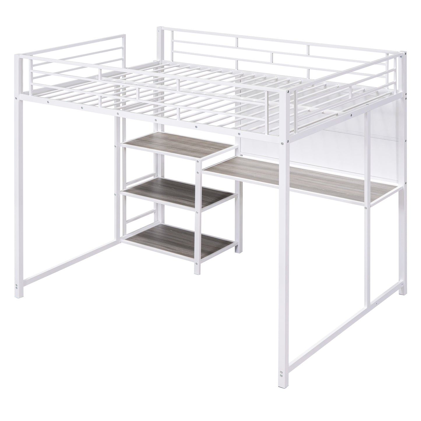 White metal loft bed with integrated desk and shelves
