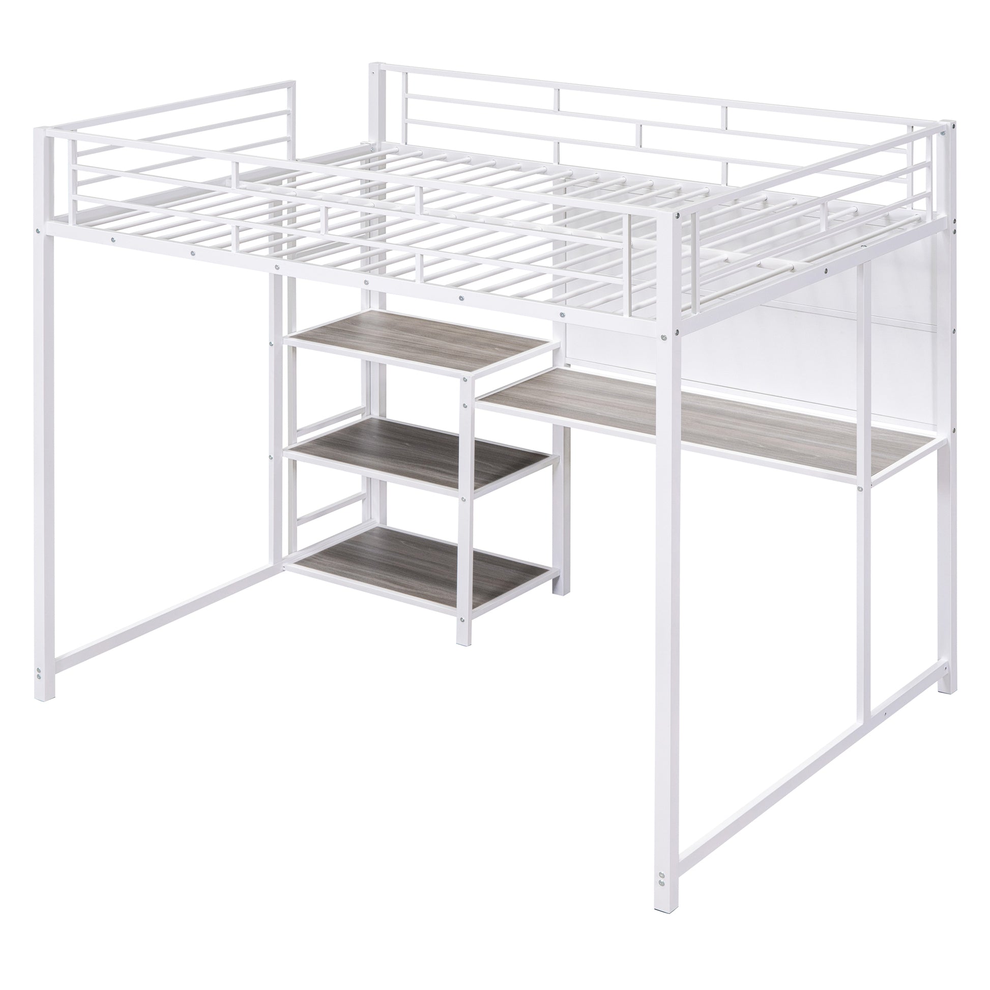 White metal loft bed with integrated desk and shelves