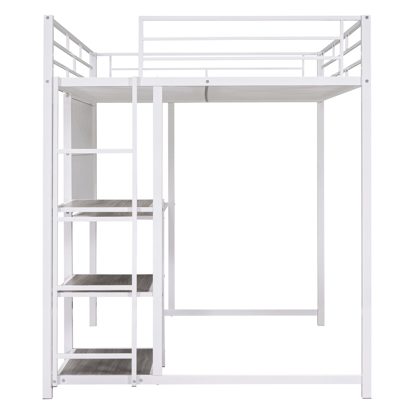 White metal loft bed with integrated shelving and ladder