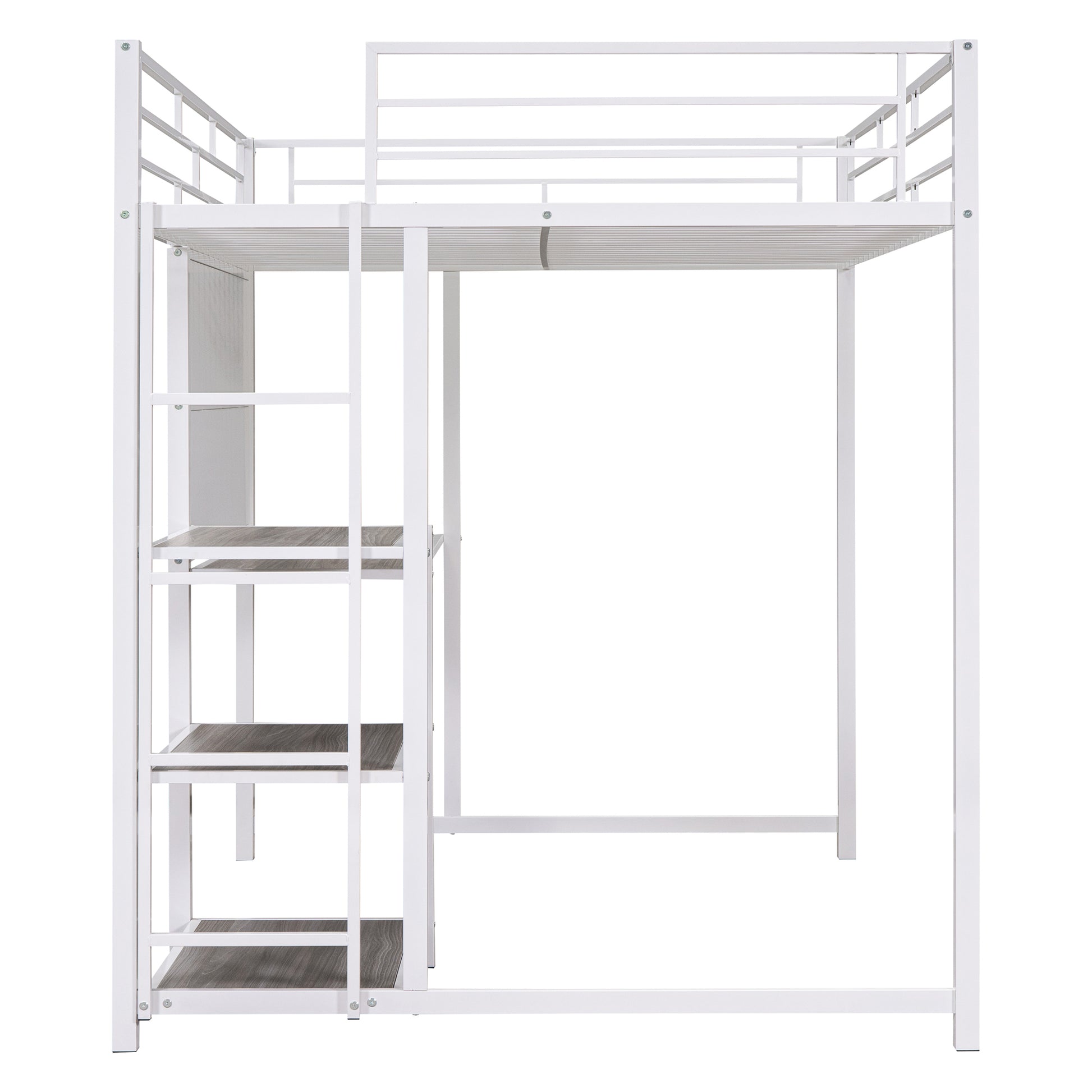 White metal loft bed with integrated shelving and ladder