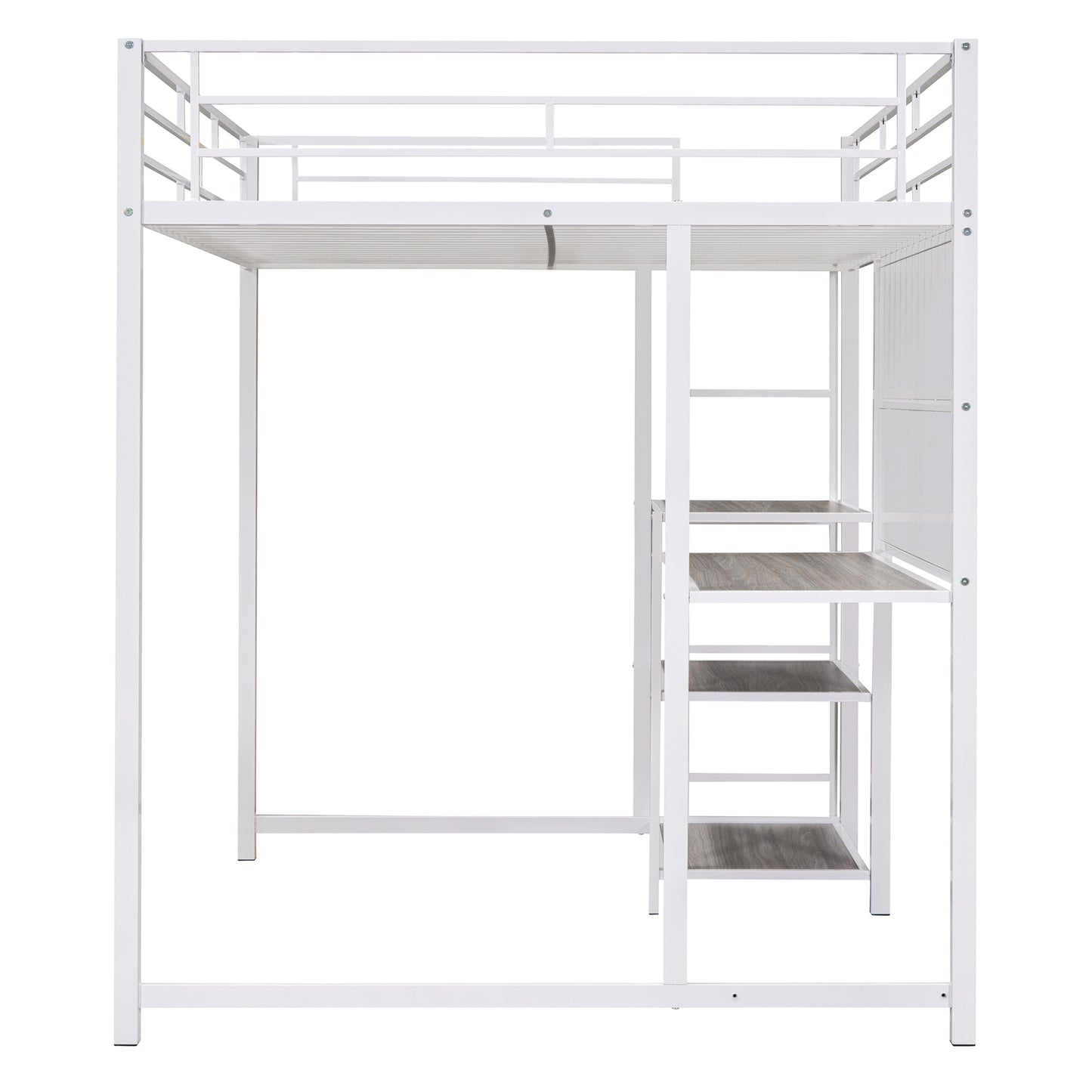 White metal loft bed frame with integrated shelving and desk space