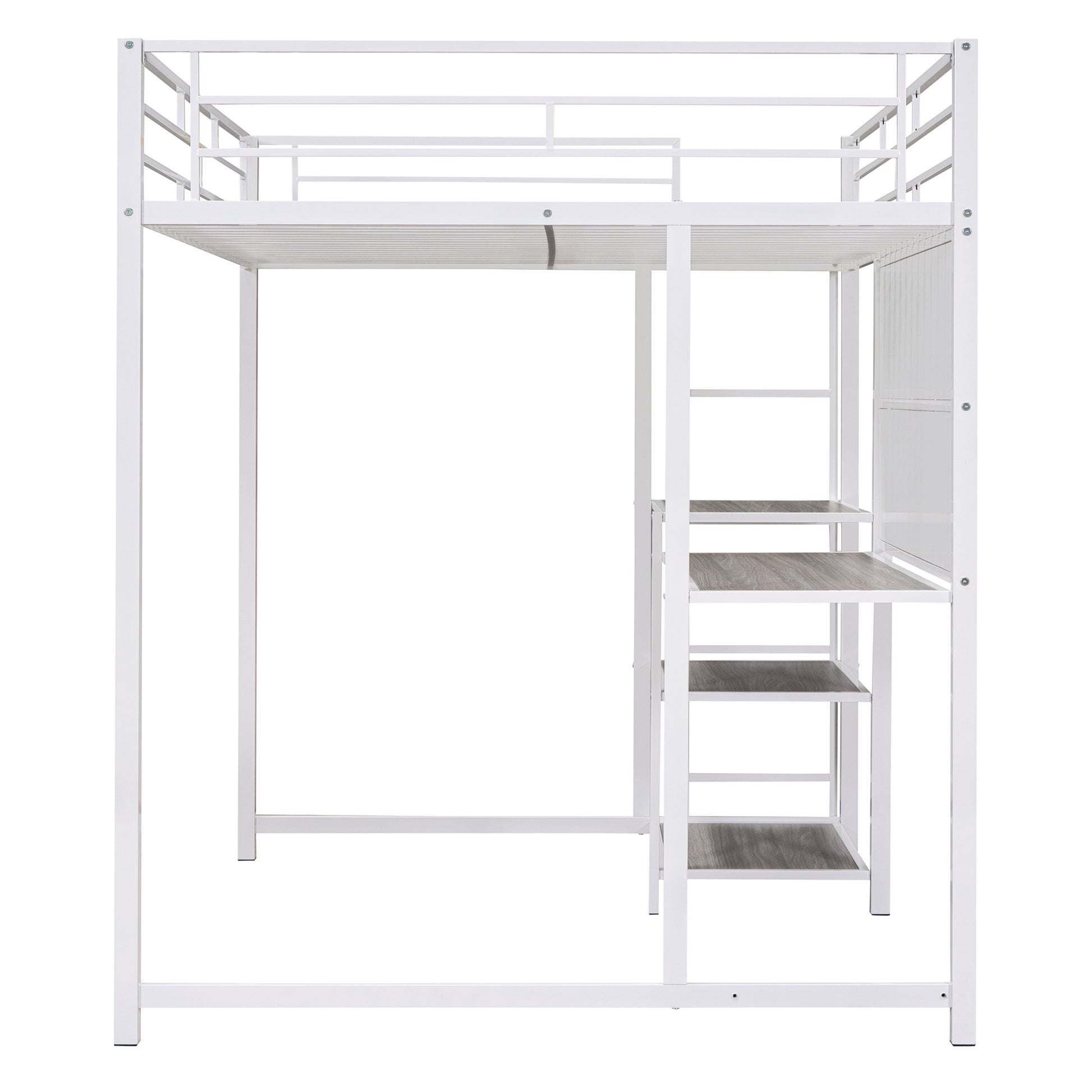 White metal loft bed frame with integrated shelving and desk space