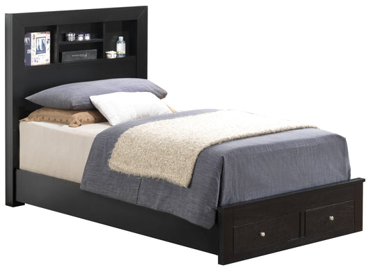 Dark brown wooden twin bed frame with storage headboard and drawers