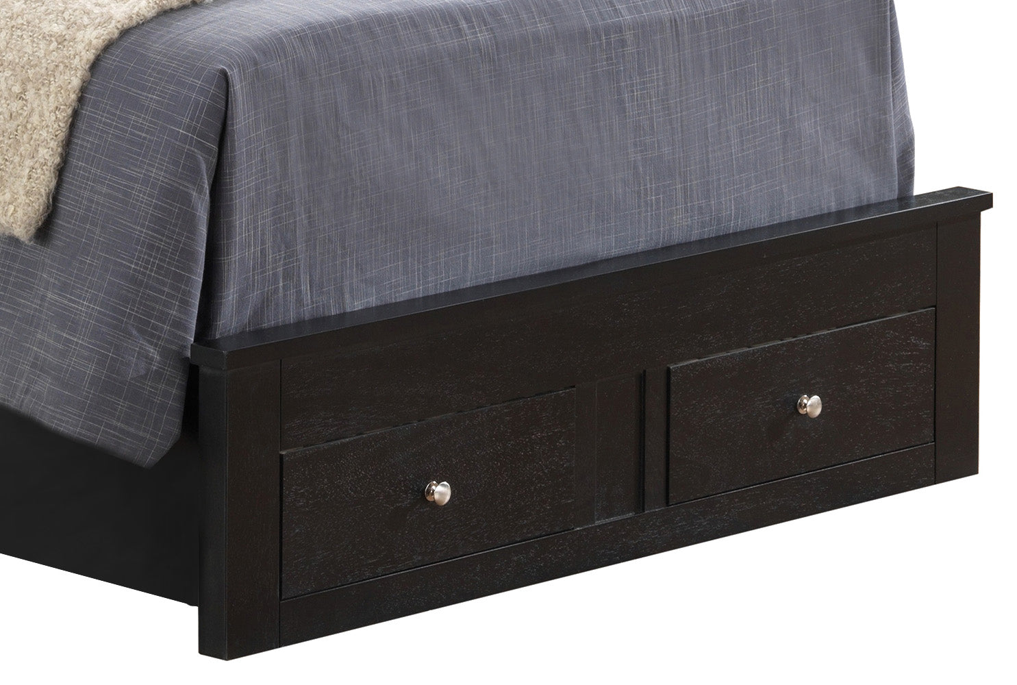 Black wooden storage bed frame with two drawers and silver knobs