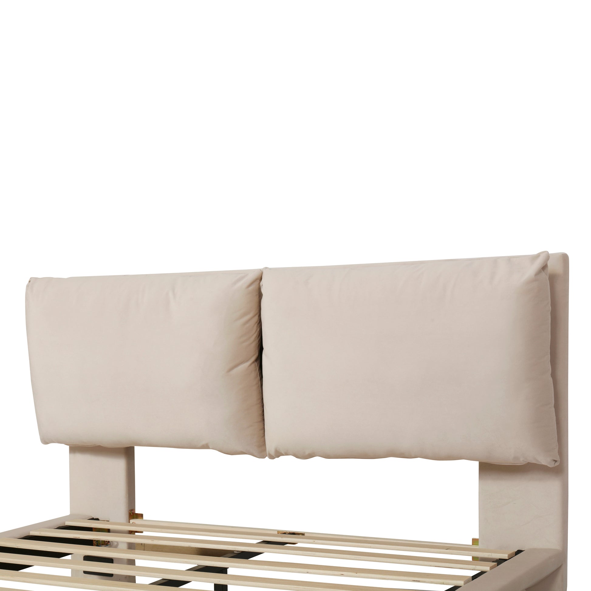 Cream velvet upholstered headboard with two plush cushions