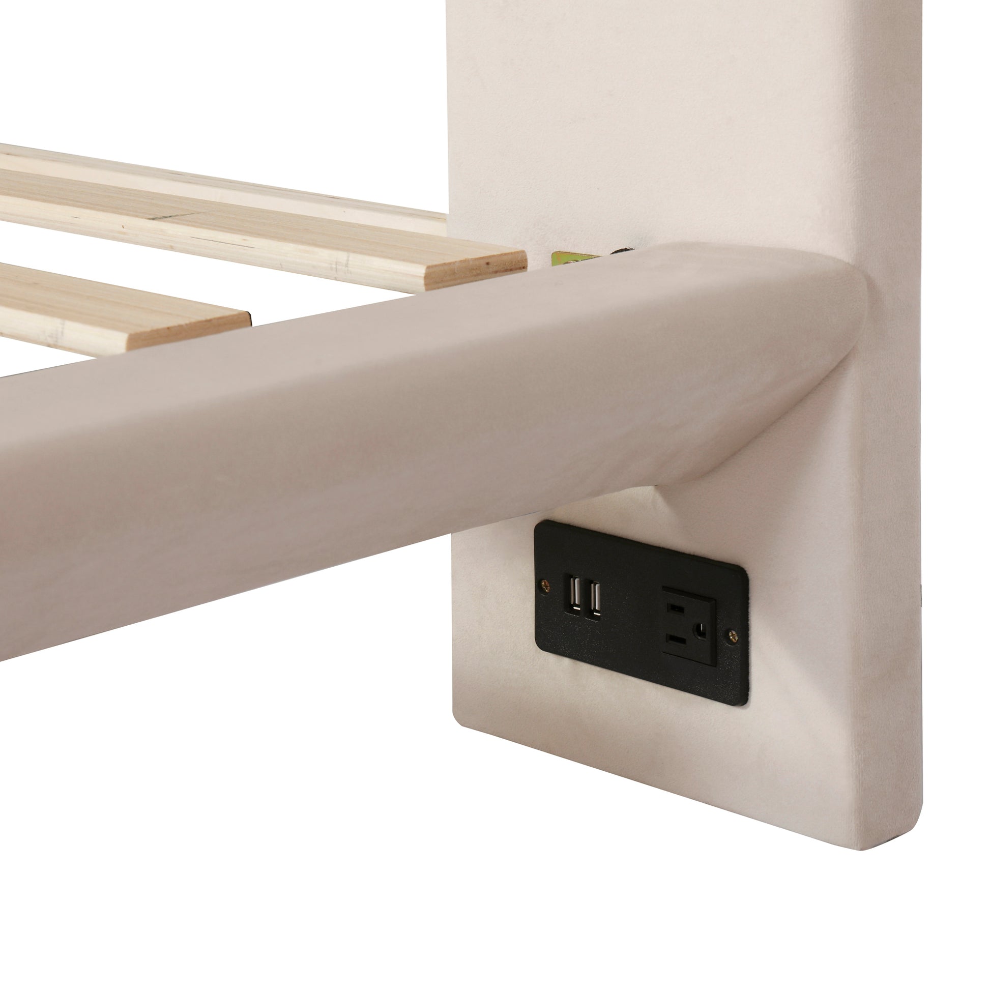 Cream upholstered bed frame with integrated USB ports and AC outlet
