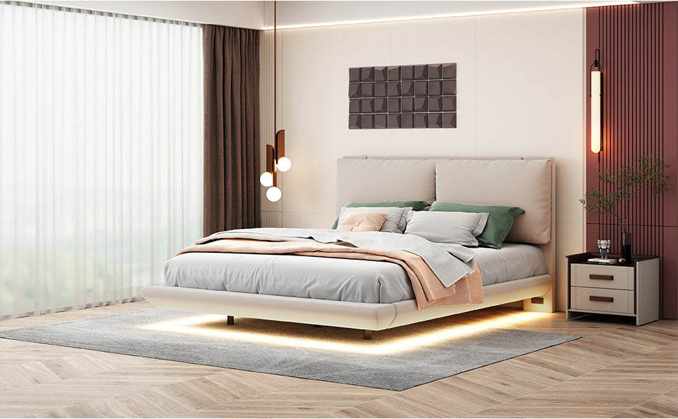 Modern upholstered platform bed with LED underglow