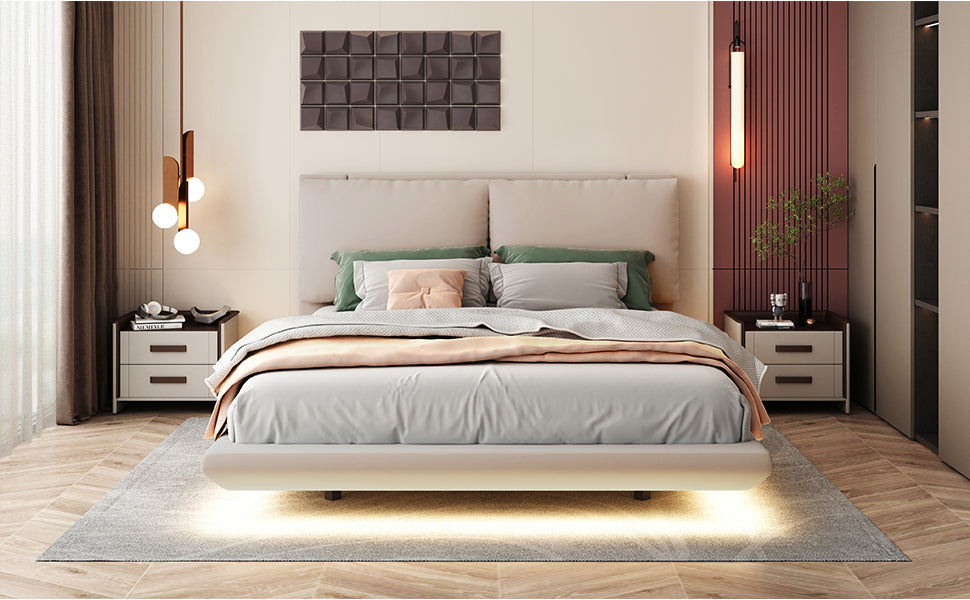 Modern platform bed with upholstered headboard and ambient LED lighting