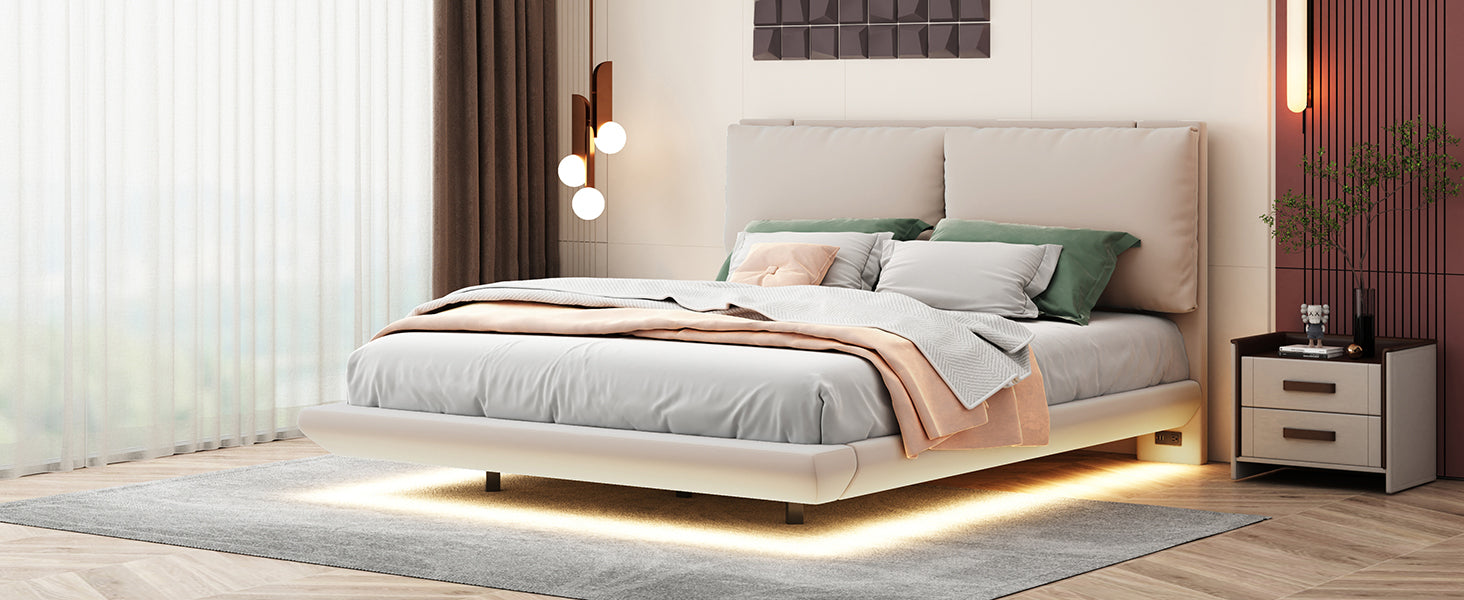 Modern beige upholstered platform bed with LED underglow