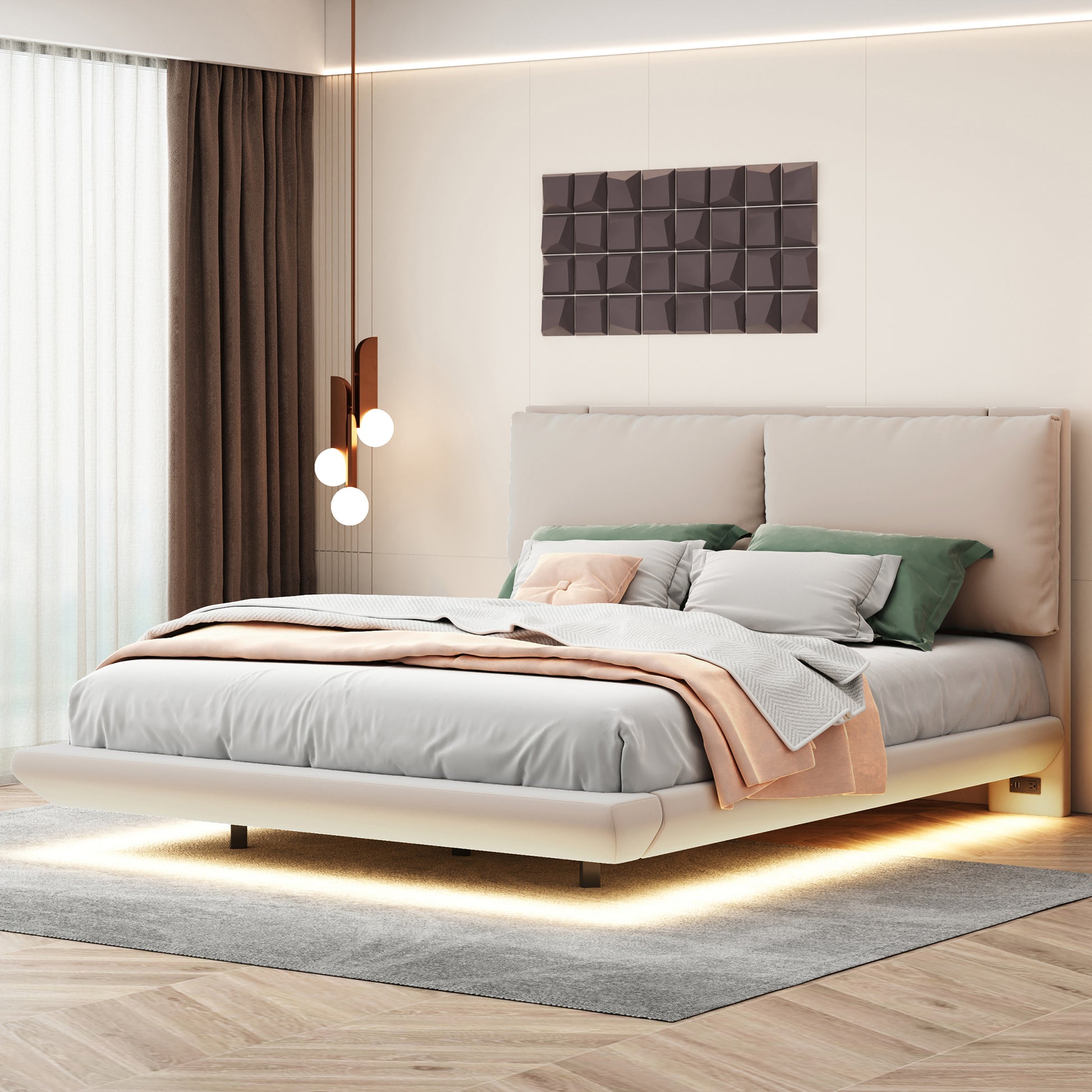 Modern platform bed with upholstered headboard and ambient LED lighting