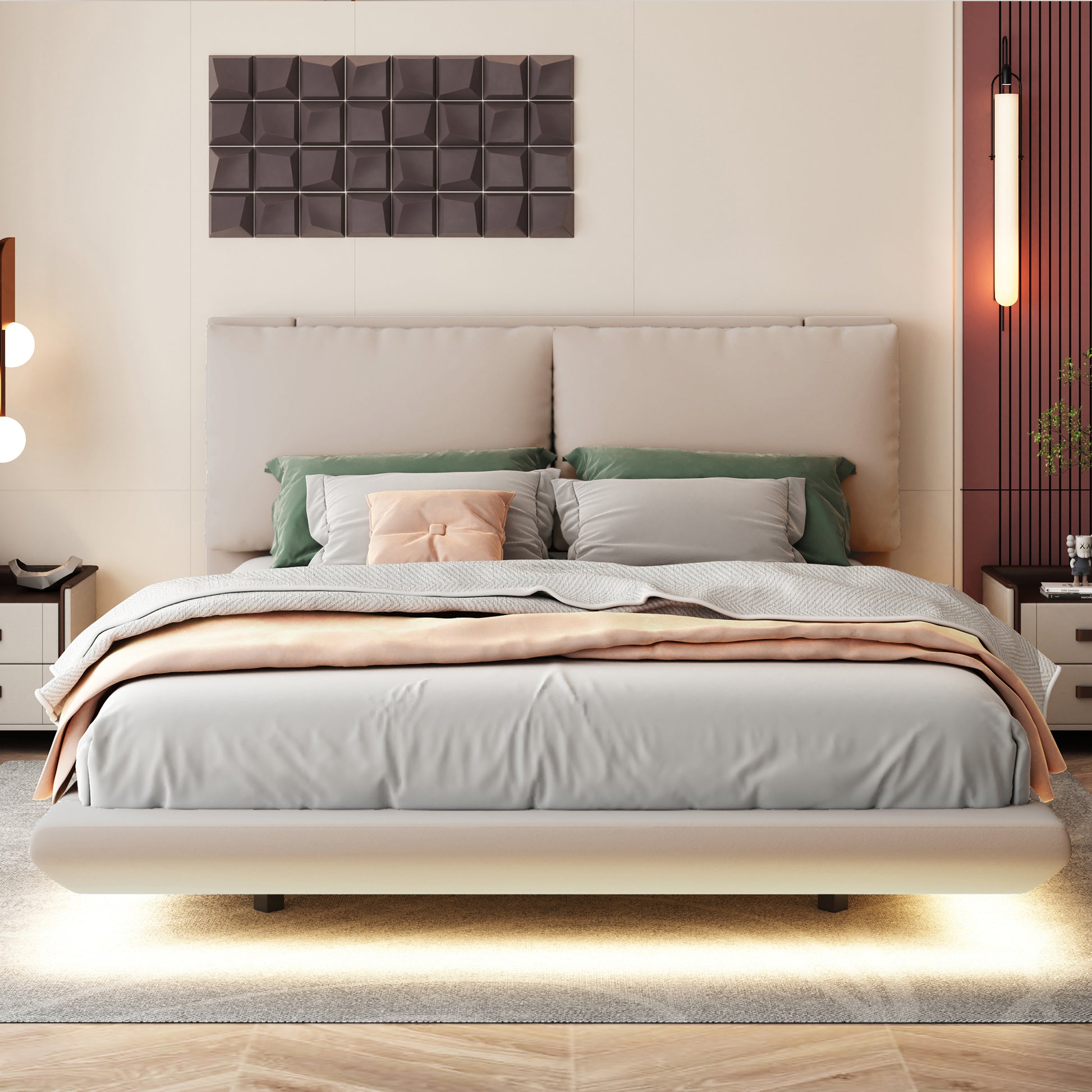 Modern beige upholstered bed with integrated LED lighting
