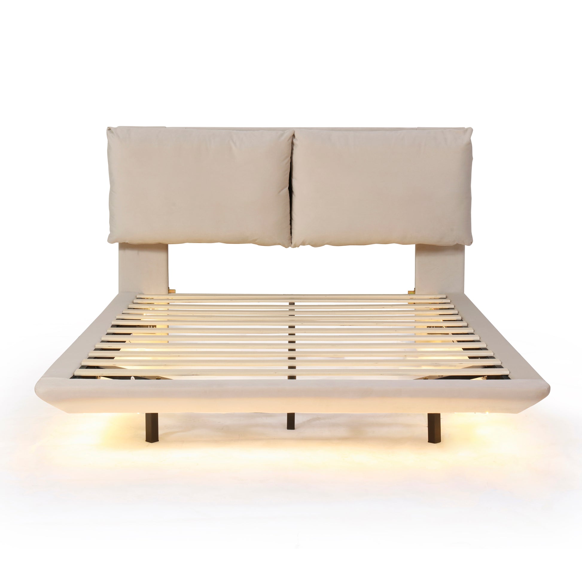 Beige upholstered platform bed frame with wooden slats and builtin LED lighting