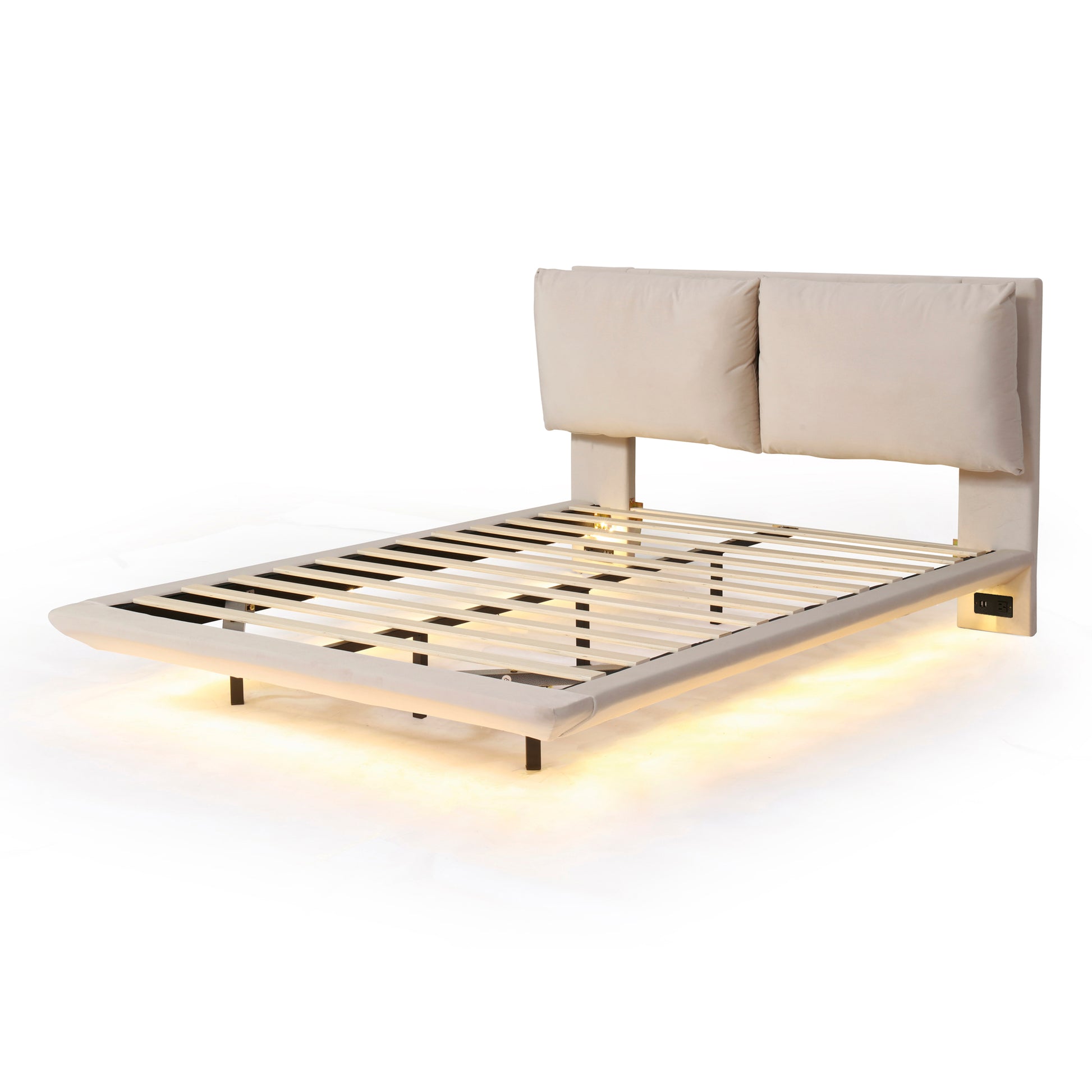 Cream upholstered bed frame with cushioned headboard and integrated LED lighting