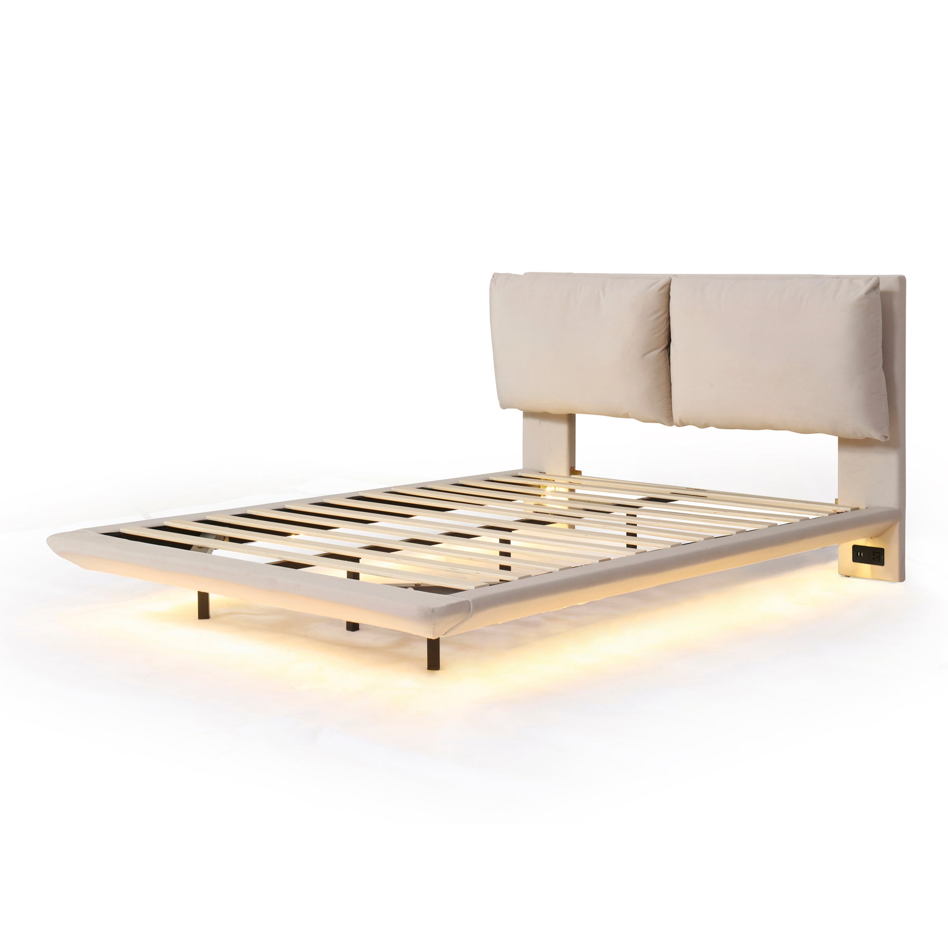 Beige upholstered platform bed frame with integrated LED lighting and dual USB charging ports