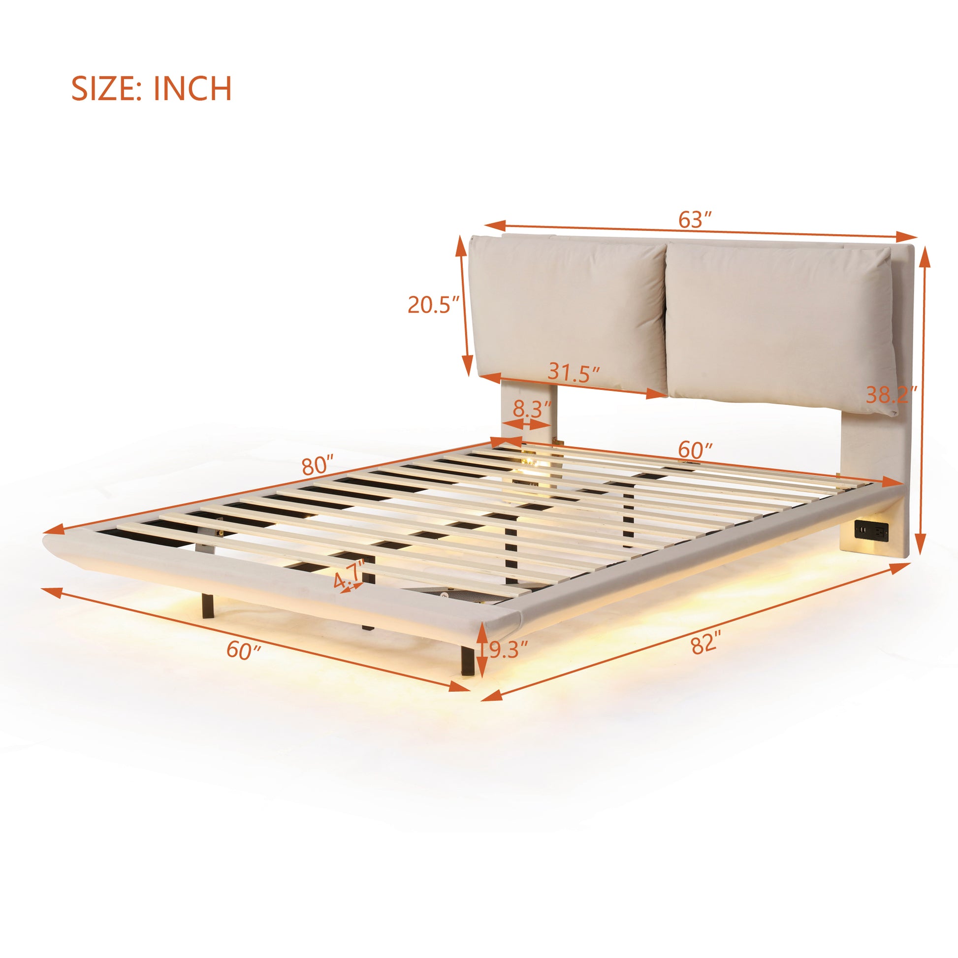 Modern upholstered bed frame with integrated LED lighting and builtin USB charging ports