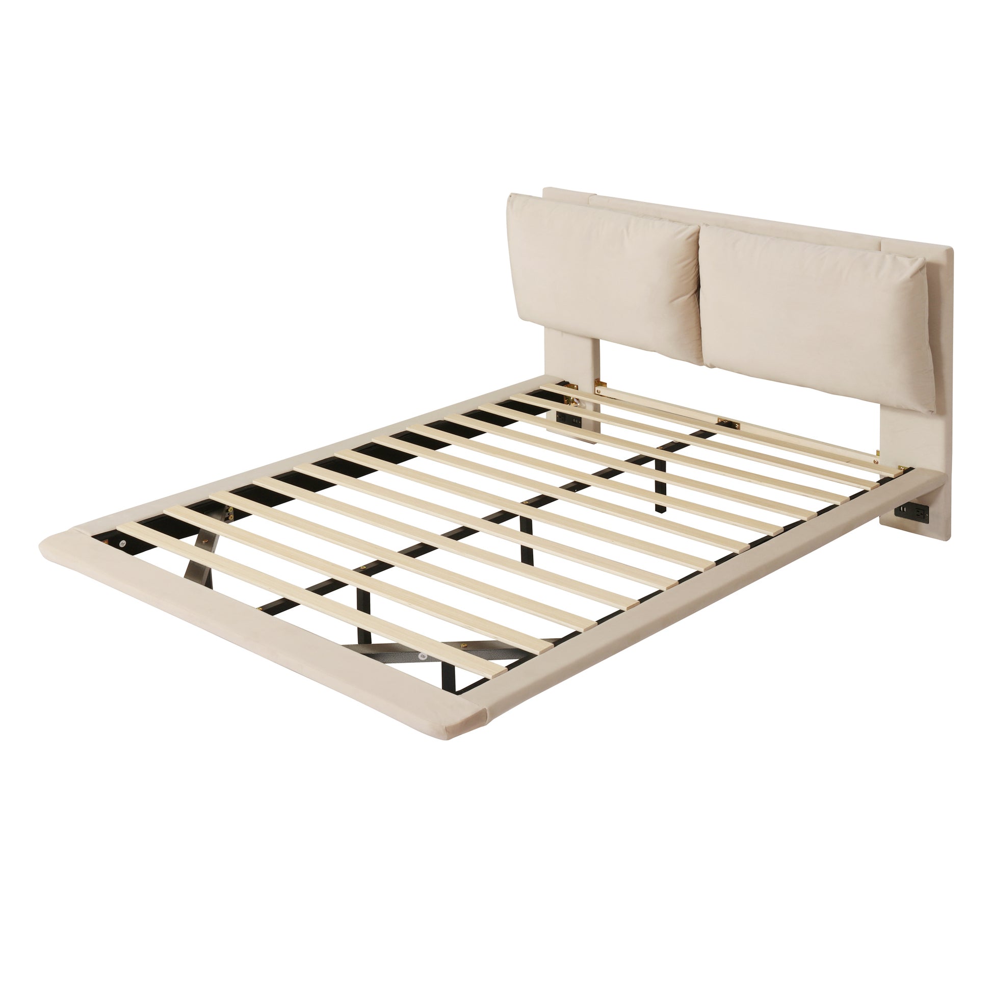 Beige upholstered platform bed frame with wooden slats and dual headboard cushions