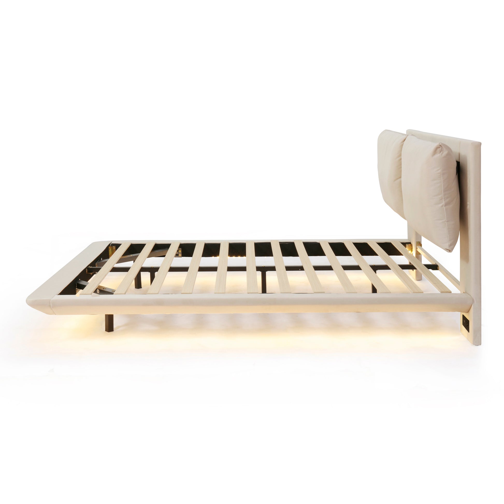 Modern ivory upholstered platform bed frame with integrated LED lighting and dual USB charging ports