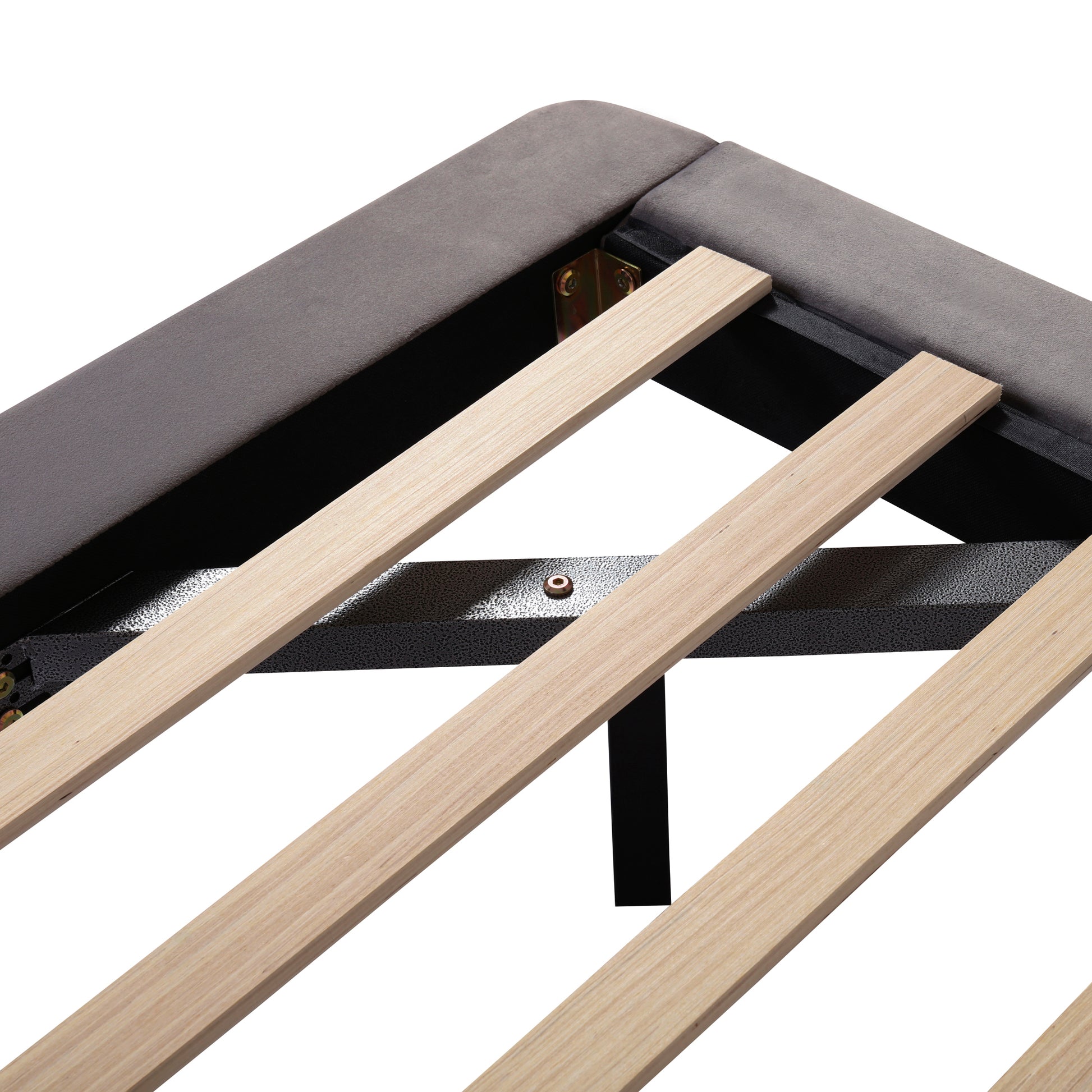 Gray upholstered bed frame base with wooden slats