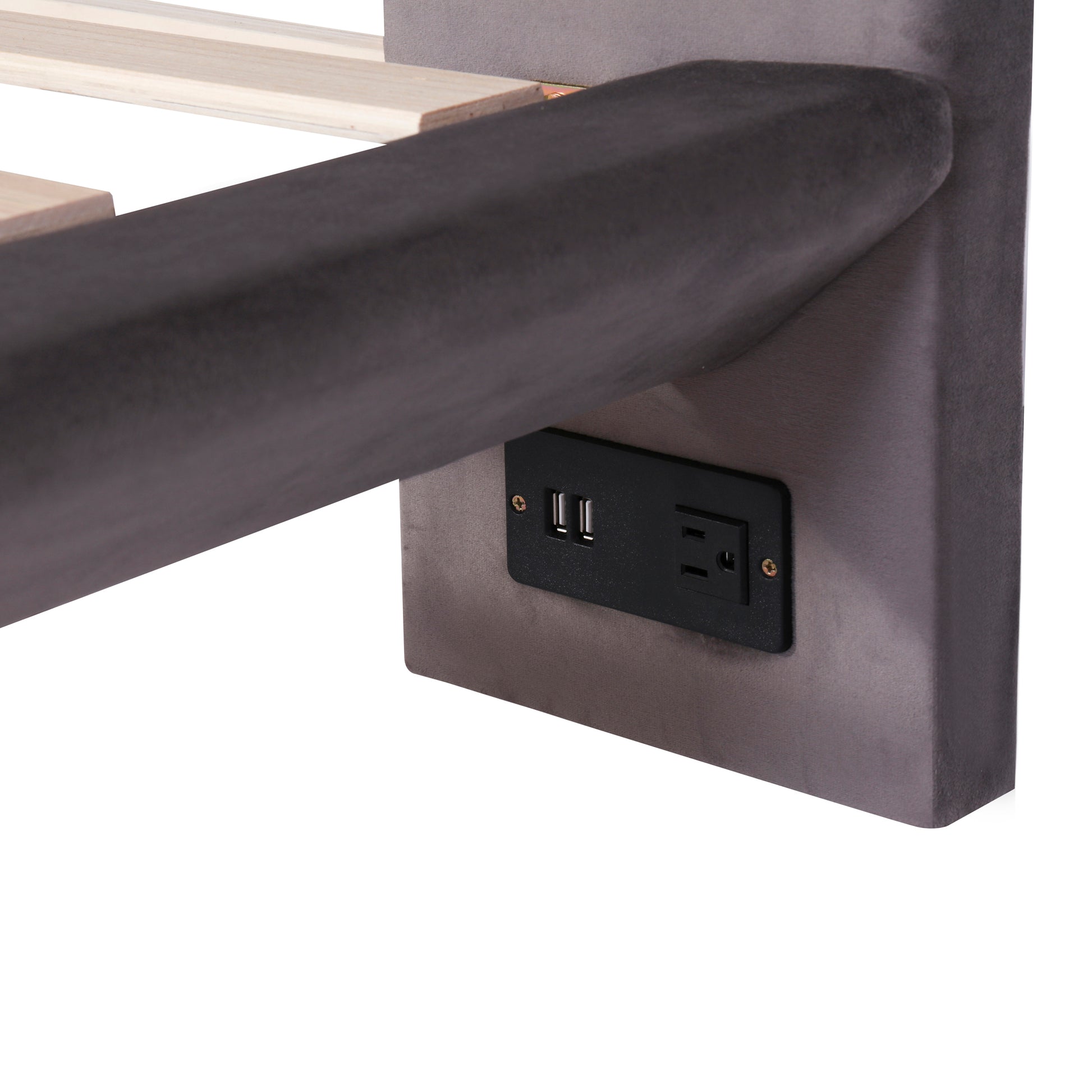 Grey velvet bed frame with integrated USB charging ports and power outlet