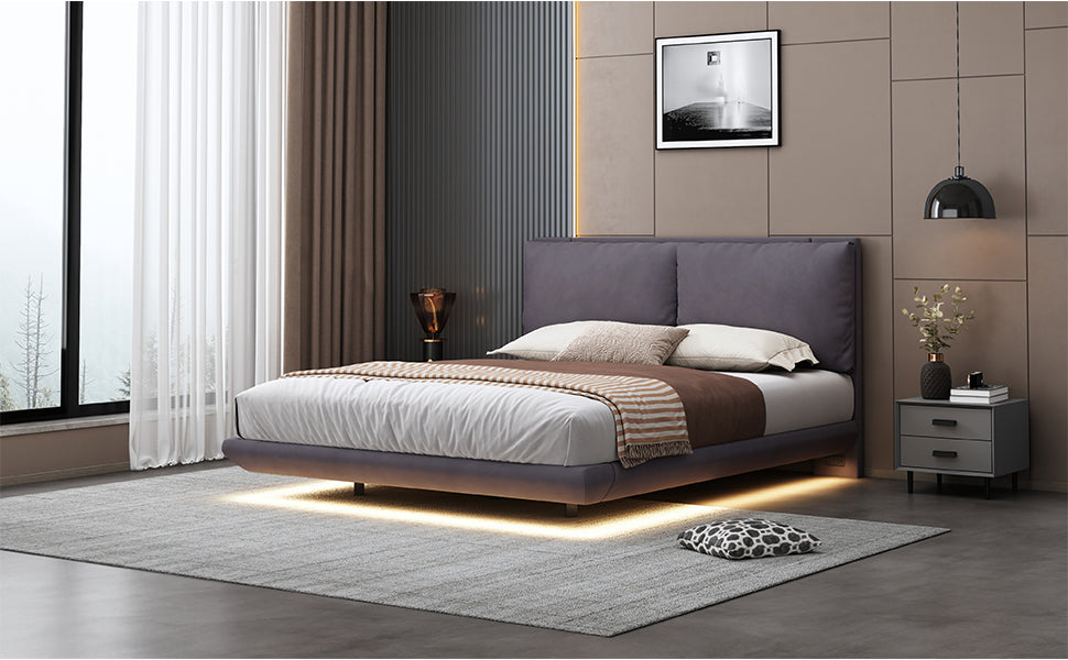 Modern upholstered platform bed with grey fabric and integrated LED lighting