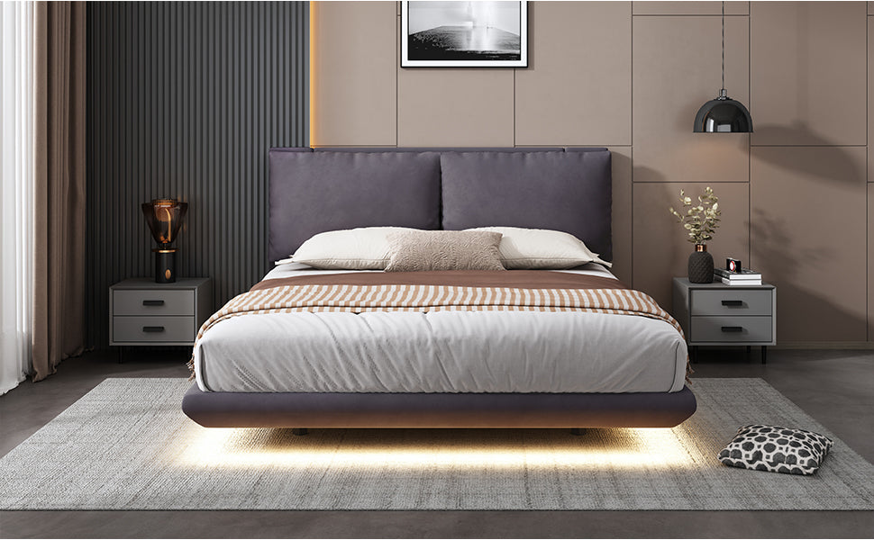 Modern grey fabric platform bed with integrated LED lighting and upholstered headboard