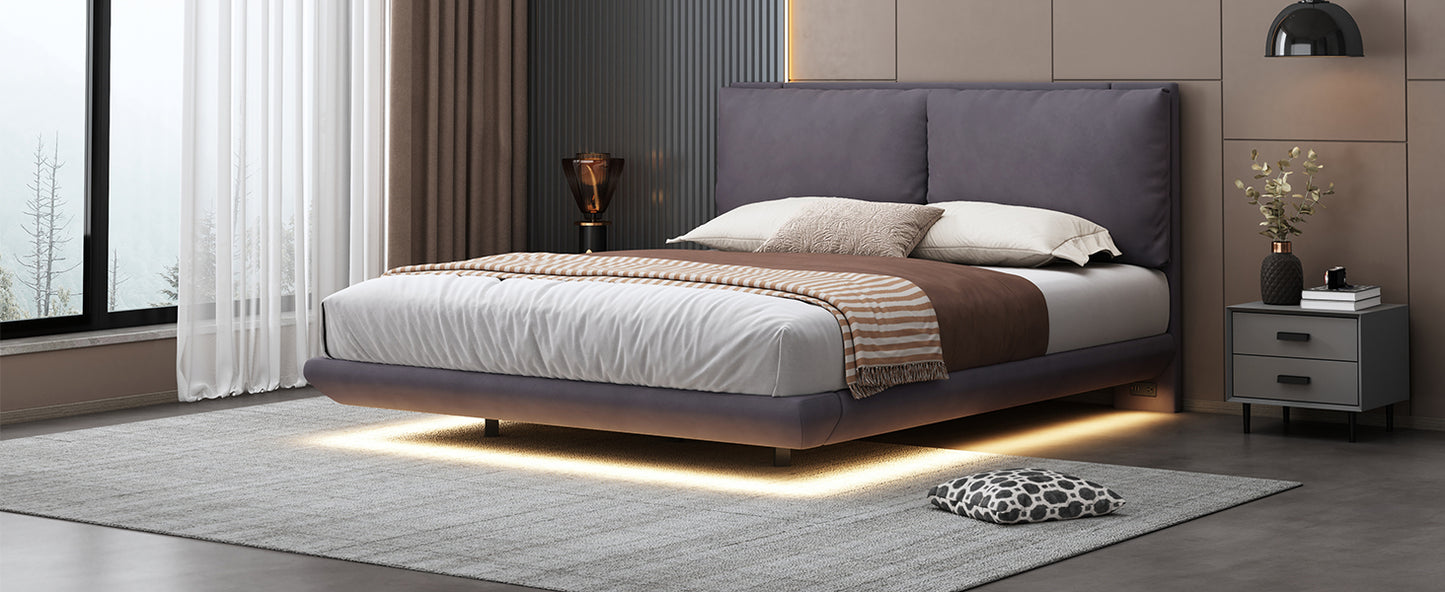 Modern upholstered bed with LED base lighting