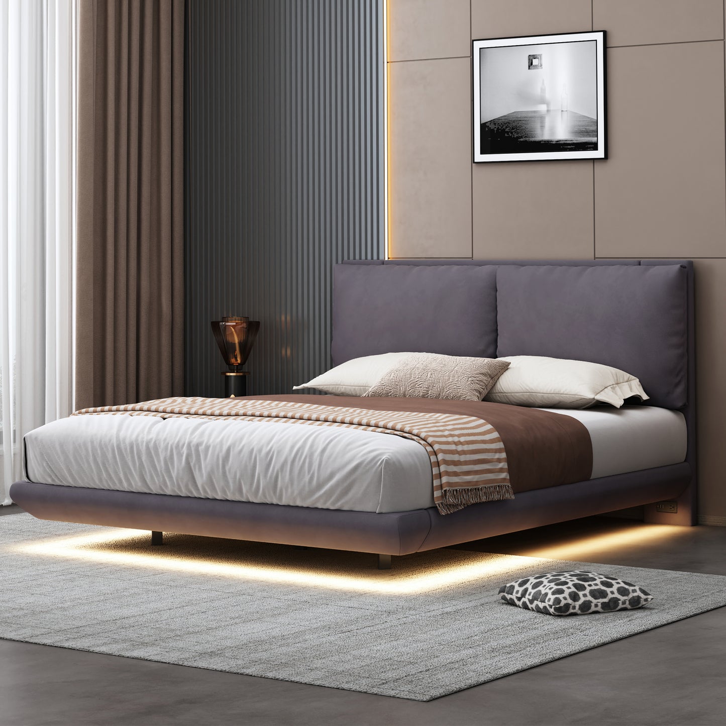 Contemporary grey upholstered platform bed with integrated LED lighting
